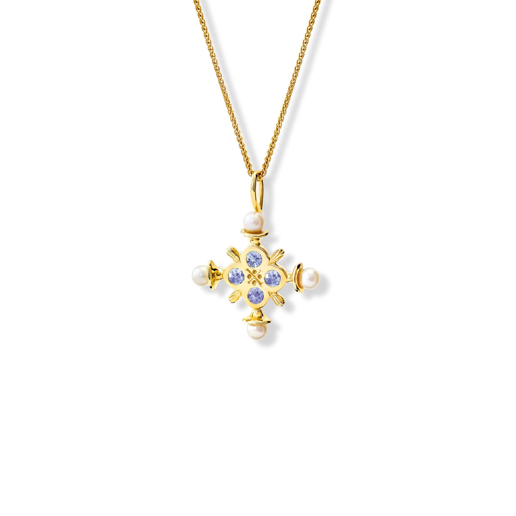 Handcrafted yellow gold cross pendant with Ceylon pale blue sapphire and pearl, birthstone of September.