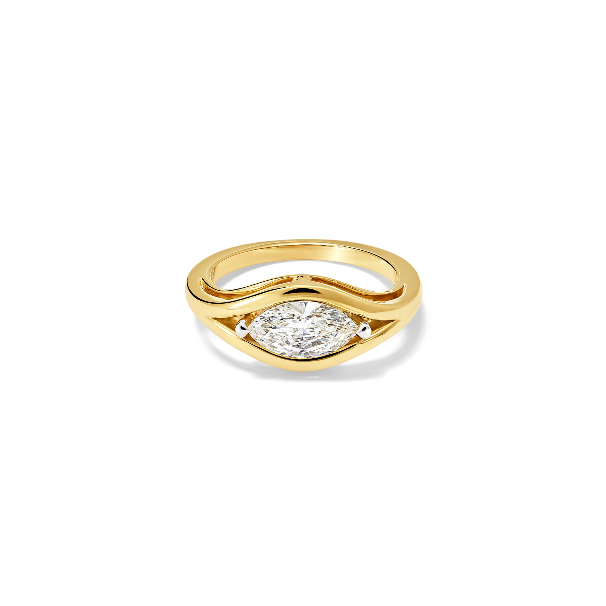 Handcrafted Marielle engagement ring in 18ct yellow and white gold with central marquise diamond