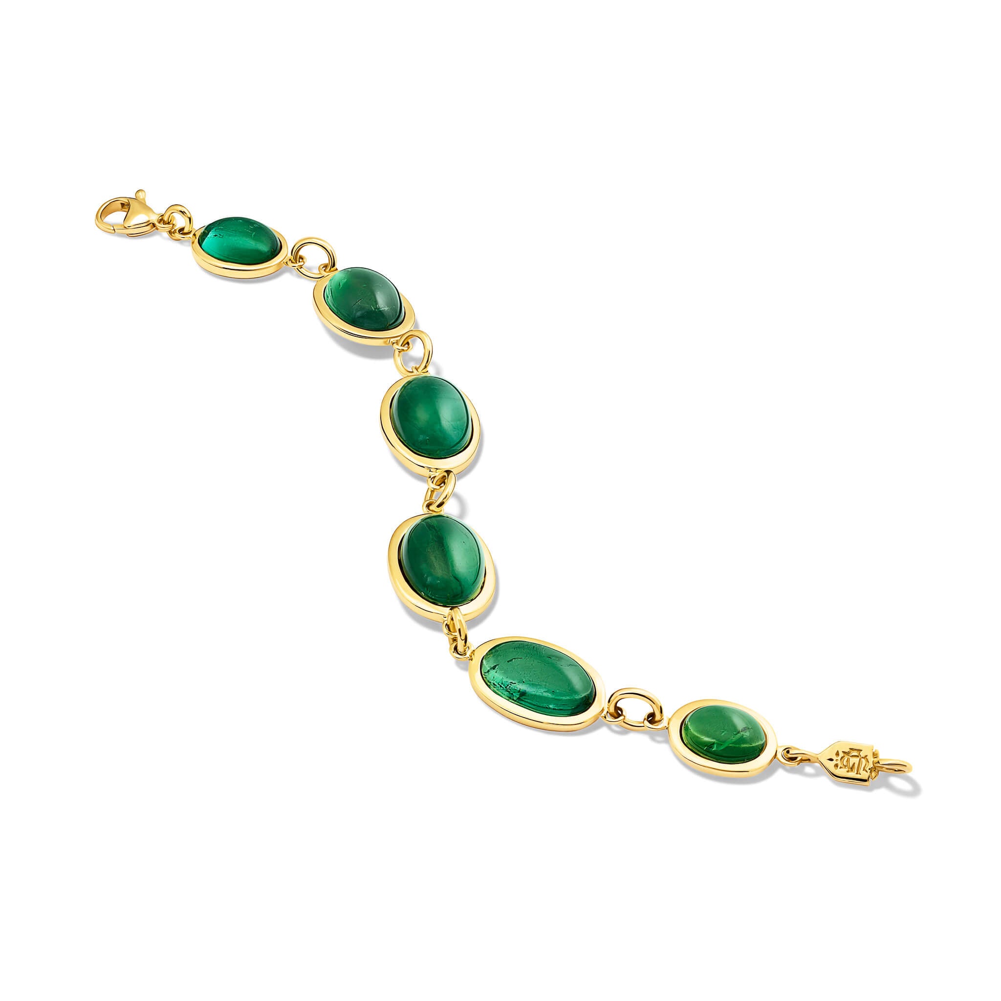 Handcrafted 18ct yellow gold bracelet with oval cabochon strong green tourmaline, october birthstone