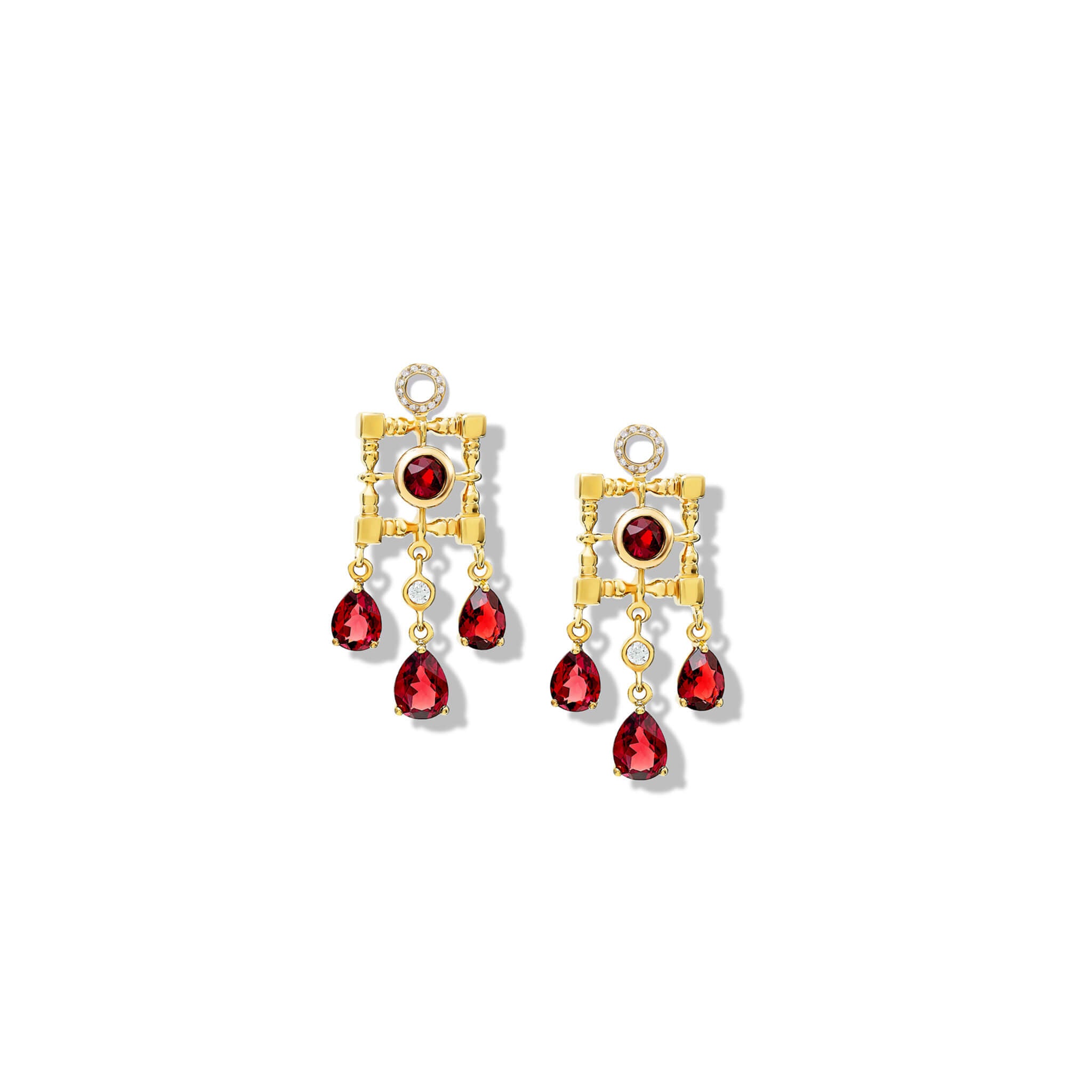 Handcrafted yellow gold earring drops featuring a teardrop-shaped design with garnet, birthstone of January.