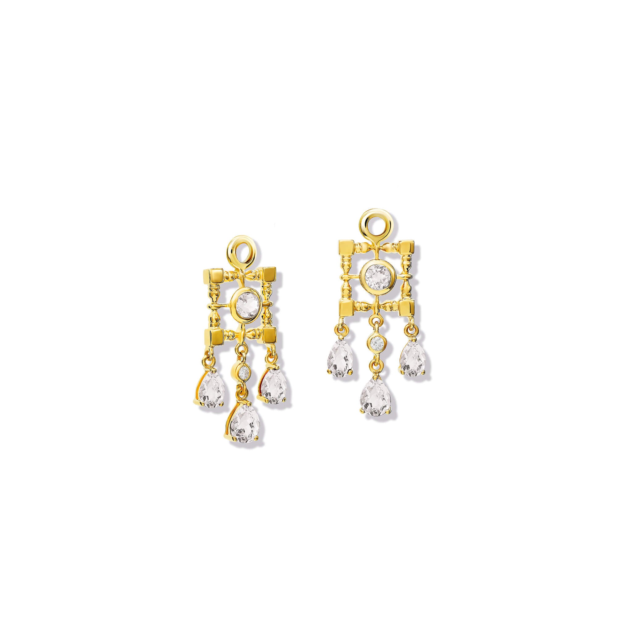 Handcrafted earring drops in 9ct yellow gold featuring a teardrop-shaped design with white sapphire and diamond, september birthstone