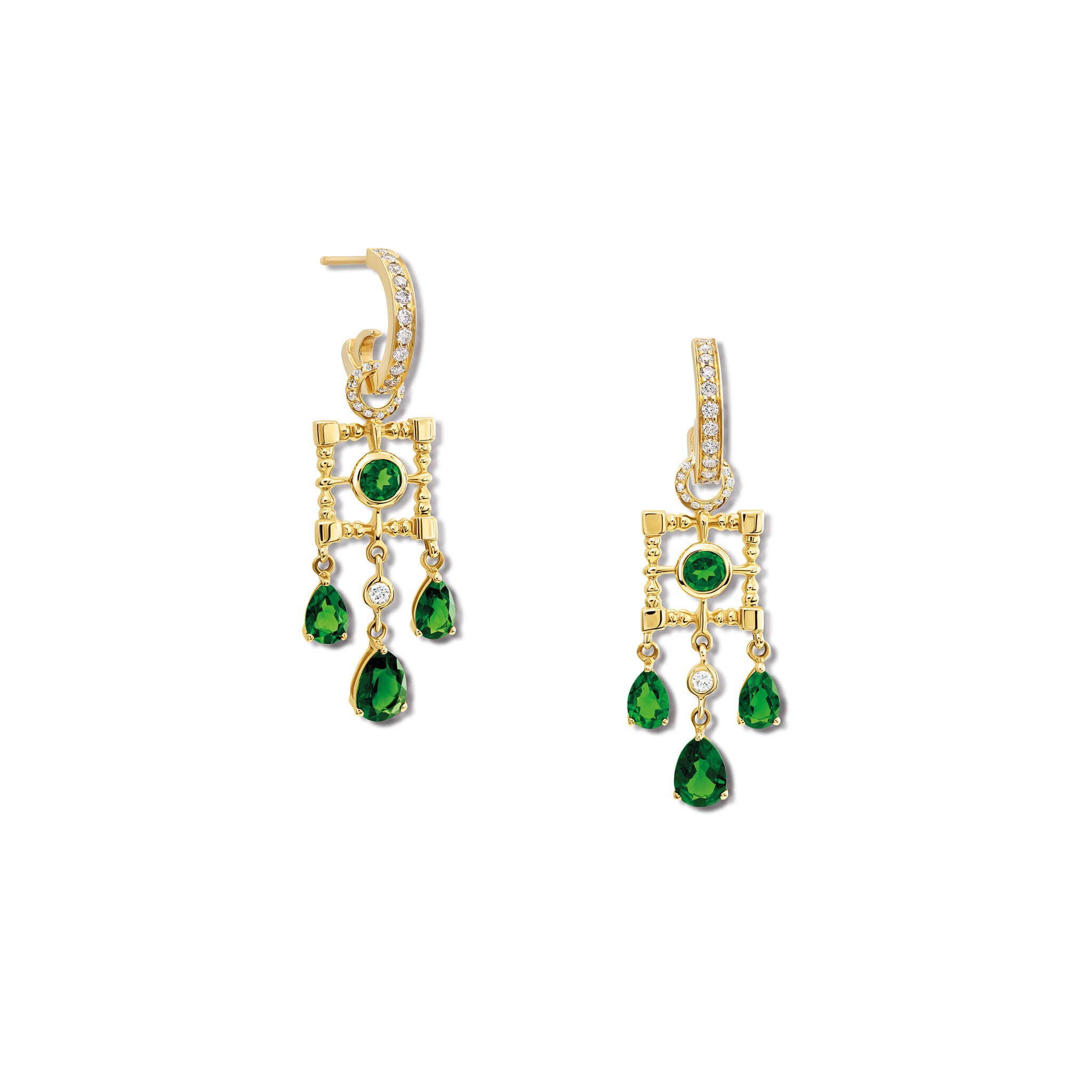 Handcrafted earring drops in yellow gold featuring a teardrop-shaped design with chrome diopside.