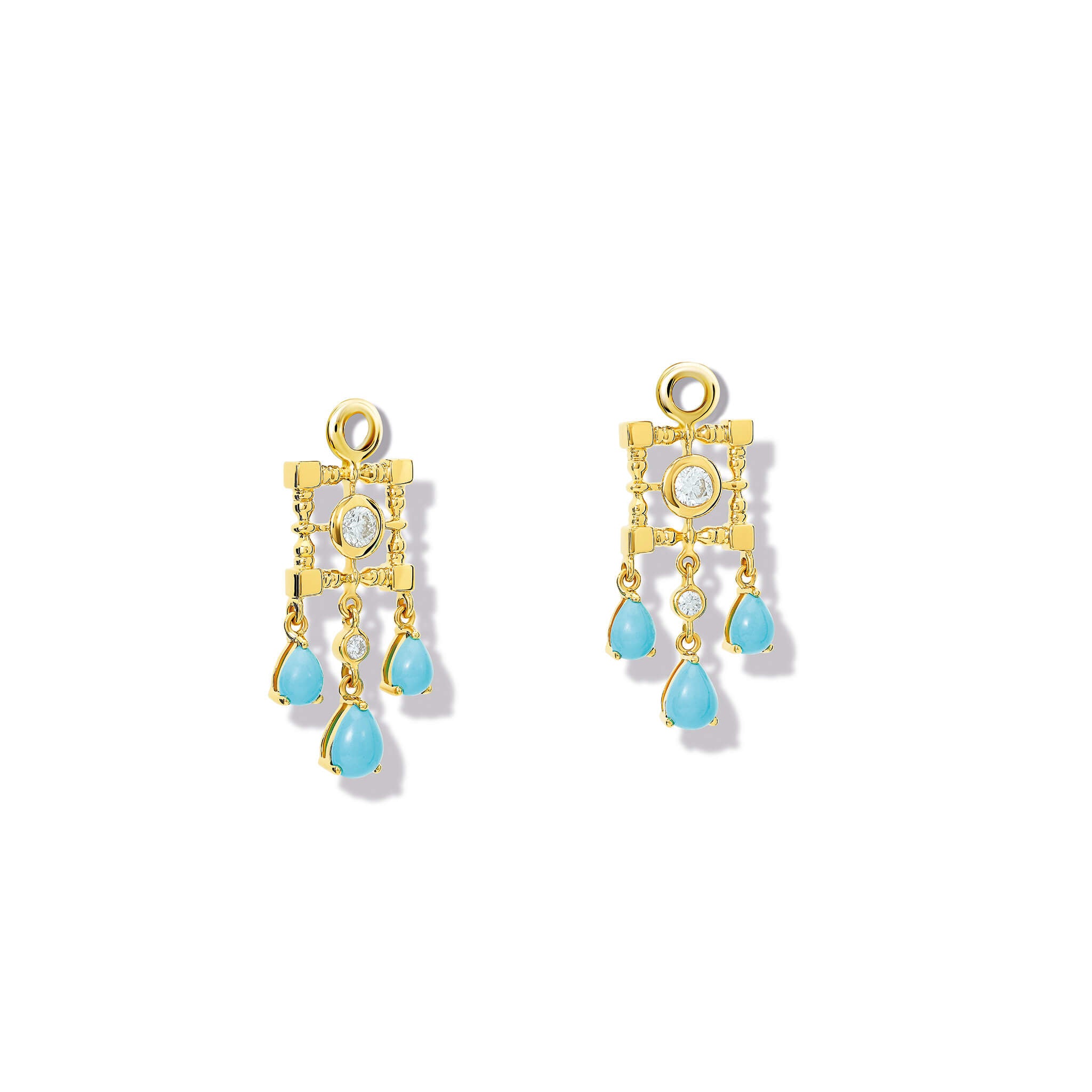 Handcrafted earring drops in 9ct yellow gold featuring a teardrop-shaped design with turquoise and diamond, december birthstone