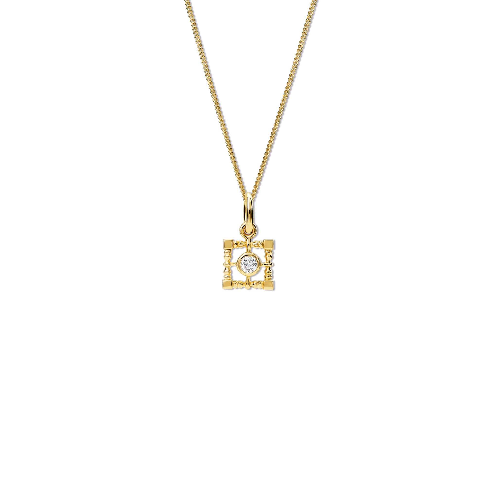 Handcrafted yellow gold necklace pendant  featuring a square-shaped frame with a central diamond, birthstone of April.