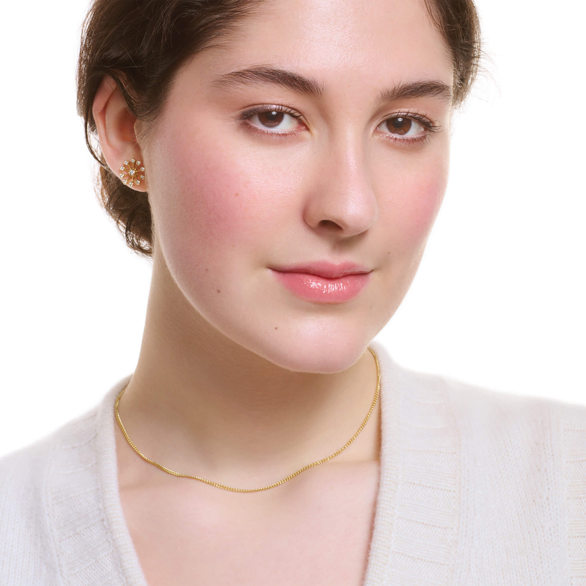 Model wears handcrafted delicate chain with adjustable loop