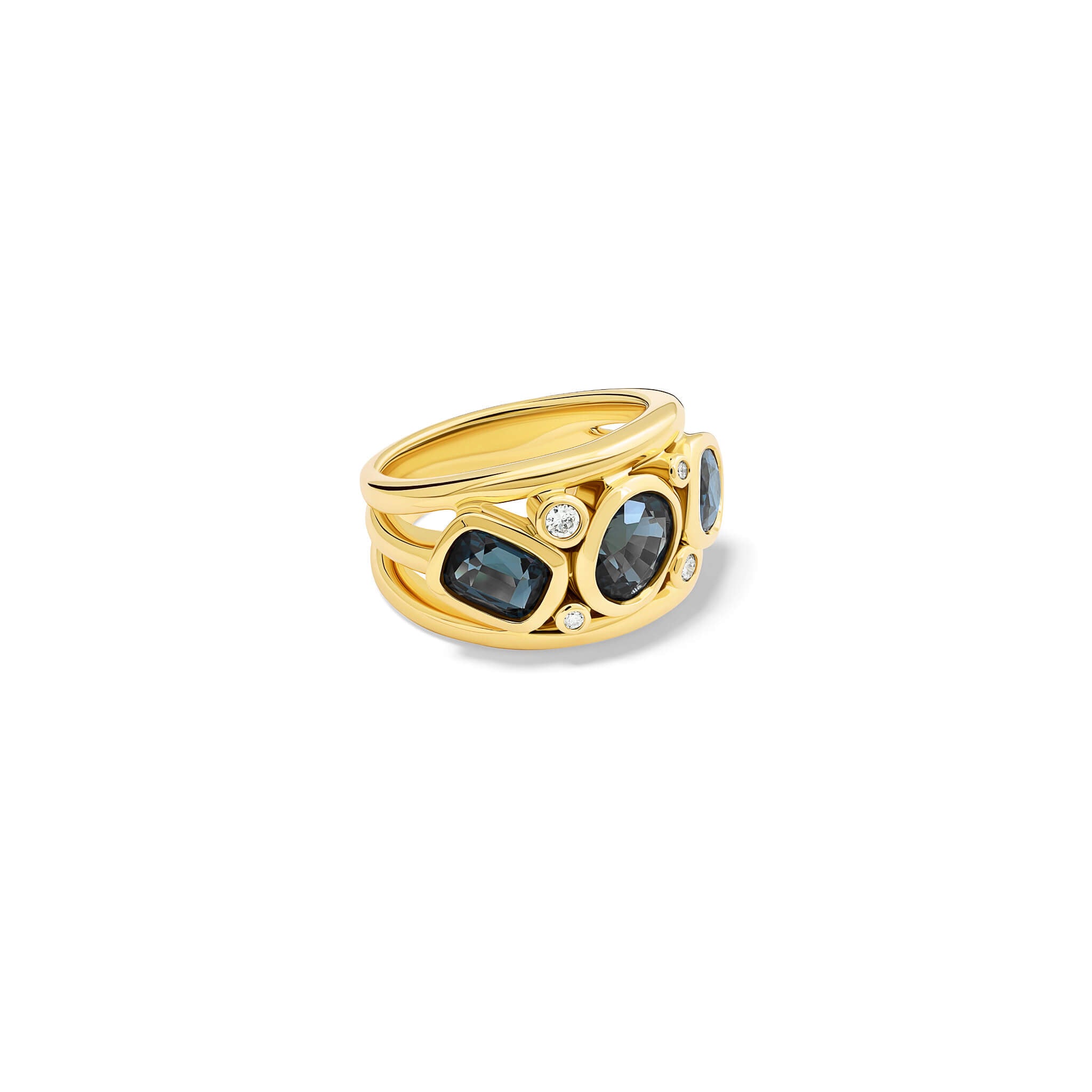 Handcrafted 18ct yellow gold ring featuring three blue spinels and smaller diamonds.