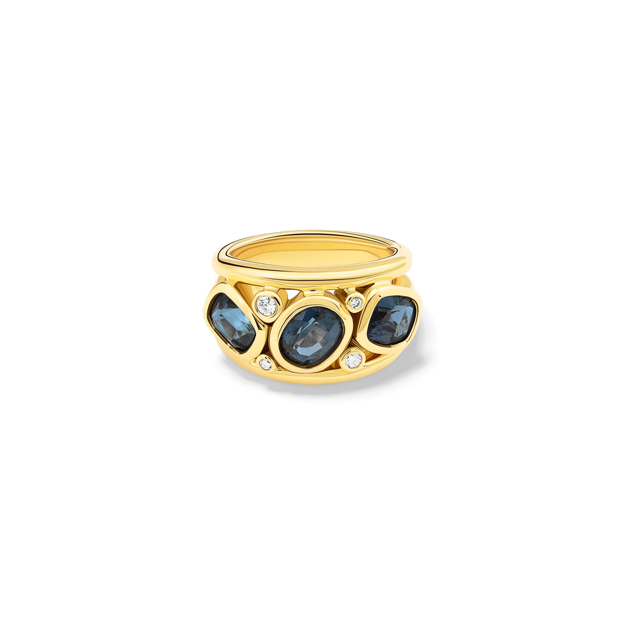 Handcrafted 18ct yellow gold ring featuring three blue spinels and smaller diamonds.