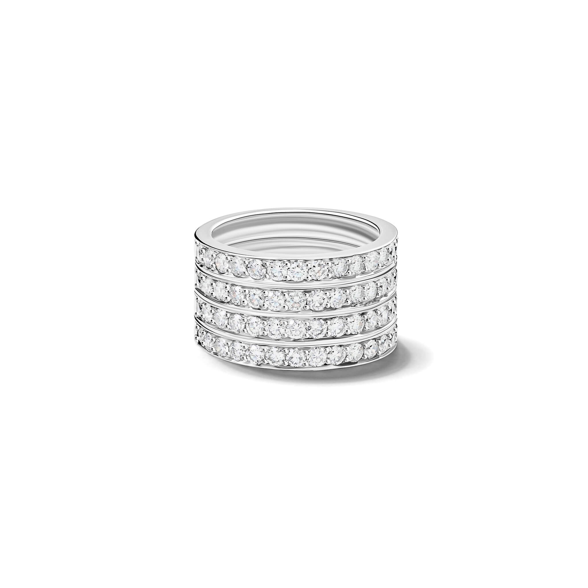 Handcrafted 18ct white gold four row diamond ring with pave set diamonds forming a wide band
