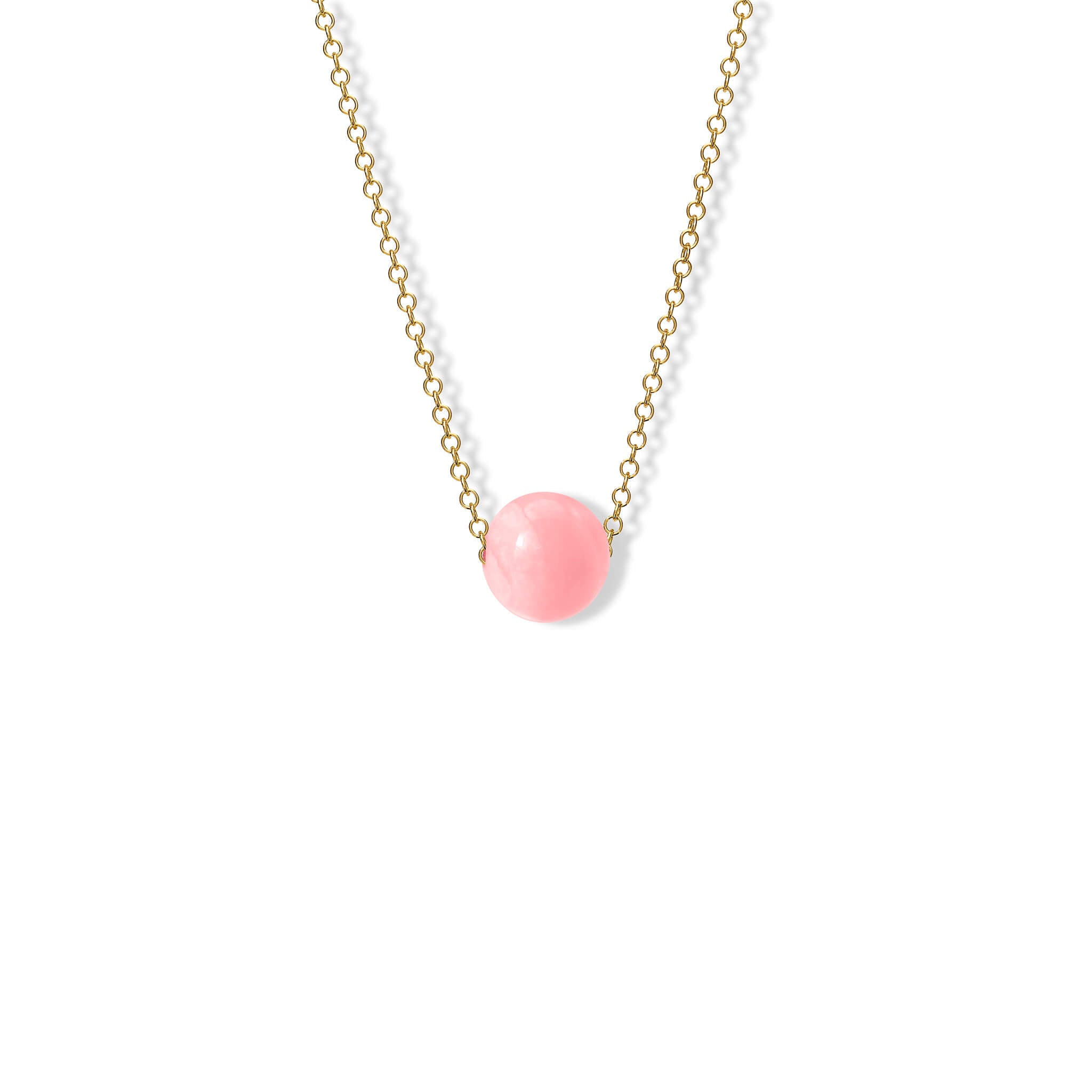 Handcrafted Pelota necklace in yellow gold with Peruvian pink opal, birthstone of October