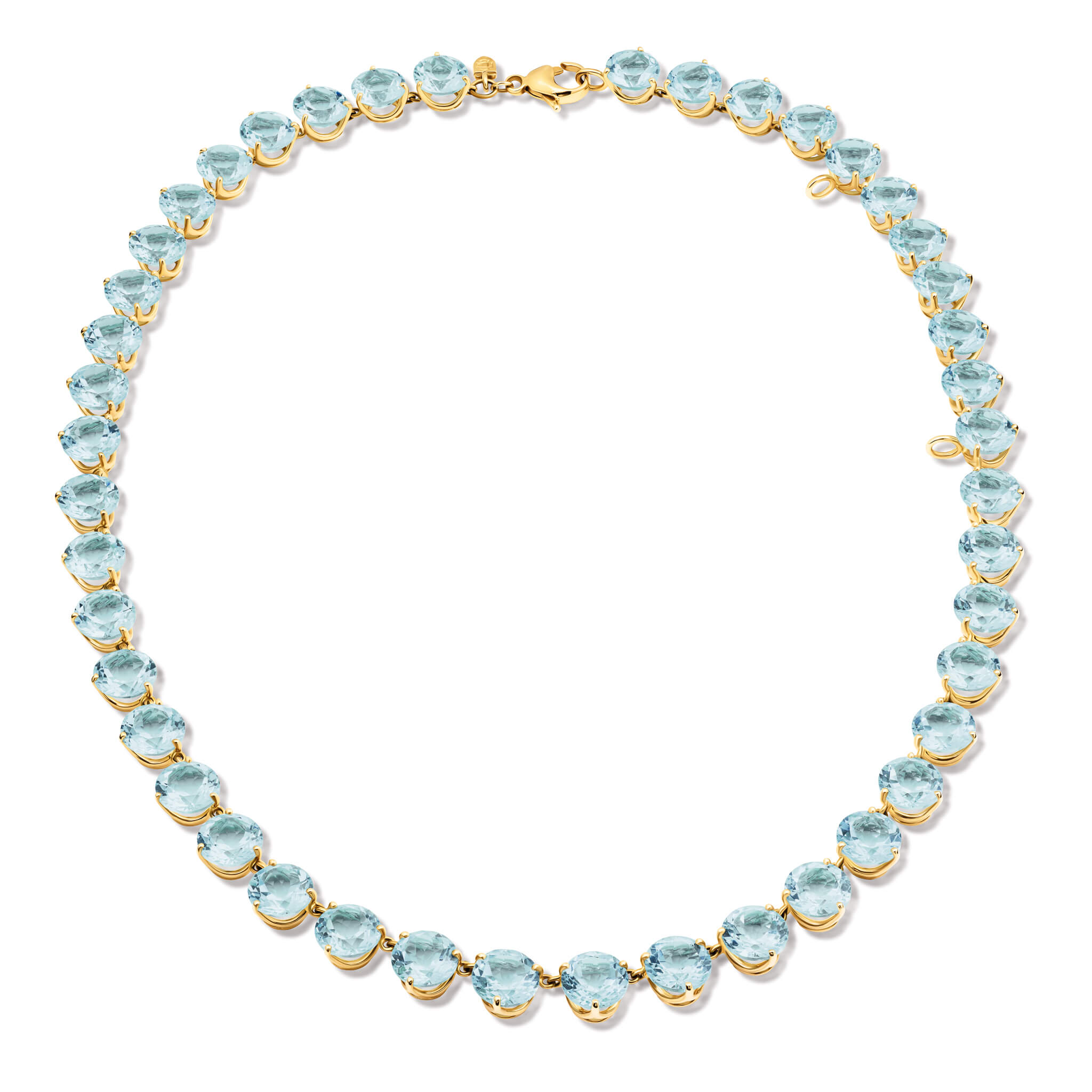 Handcrafted yellow gold necklace featuring circular blue topaz gemstones, november birthstone