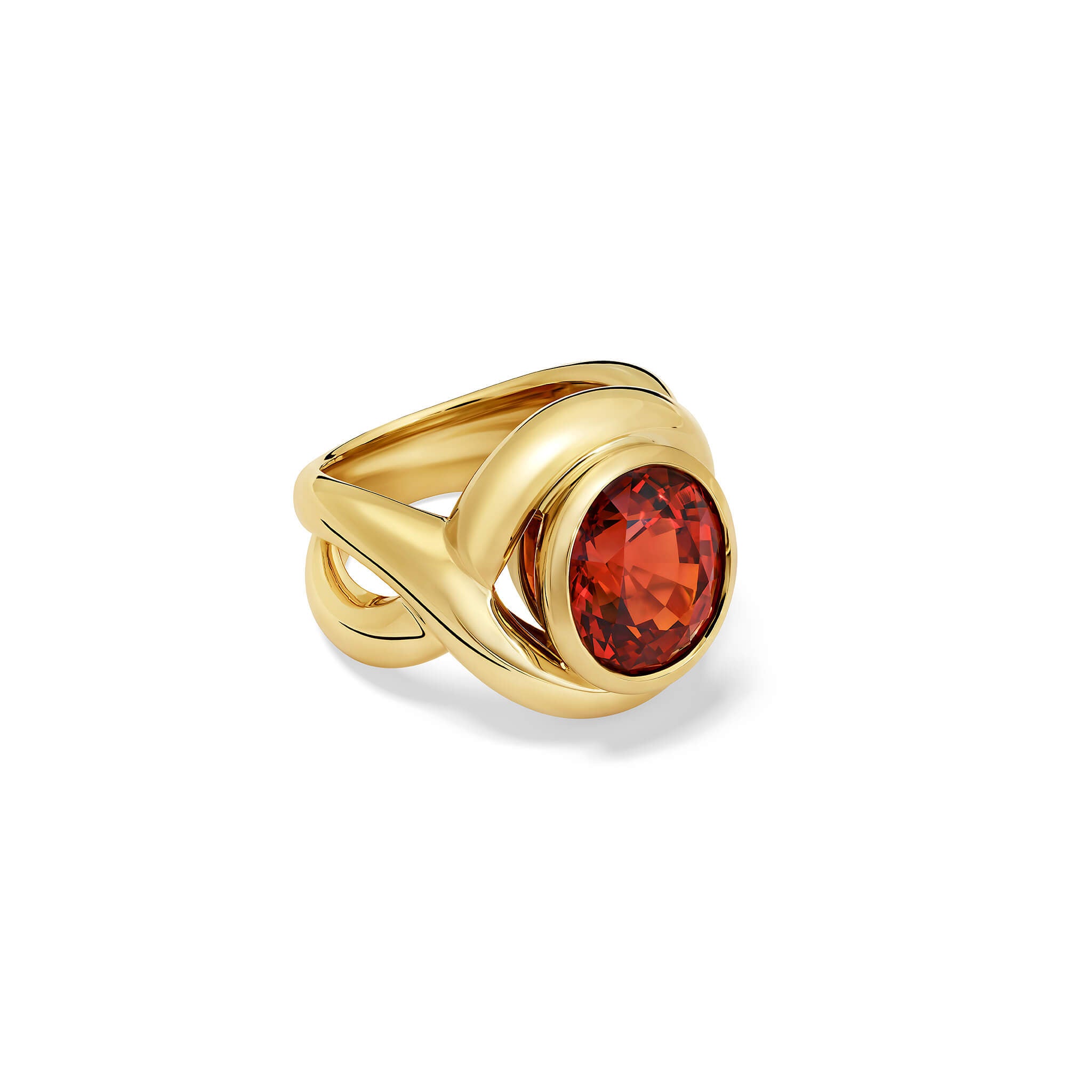 Handcrafted yellow gold ring featuring curved shanks with a unique spessartine garnet, january birthstone