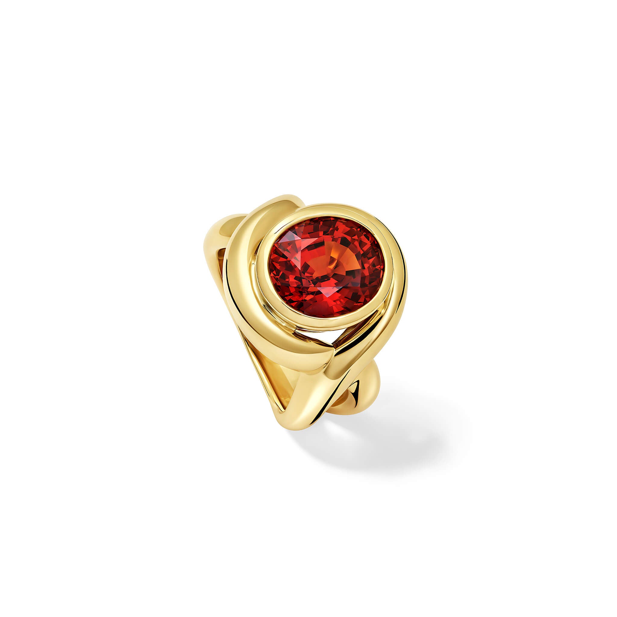 Handcrafted yellow gold ring featuring curved shanks with a unique spessartine garnet, january birthstone