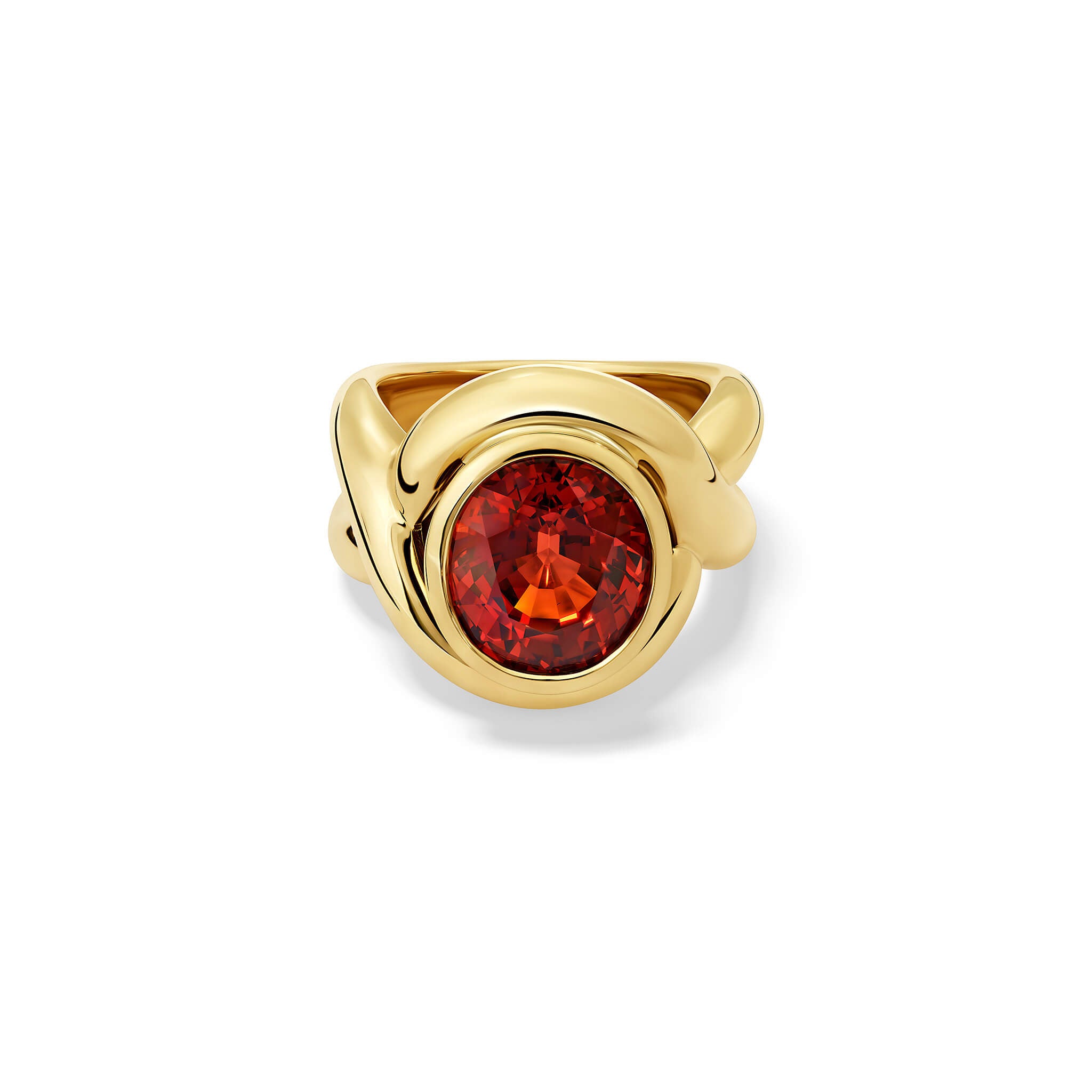 Handcrafted yellow gold ring featuring curved shanks with a unique spessartine garnet, january birthstone