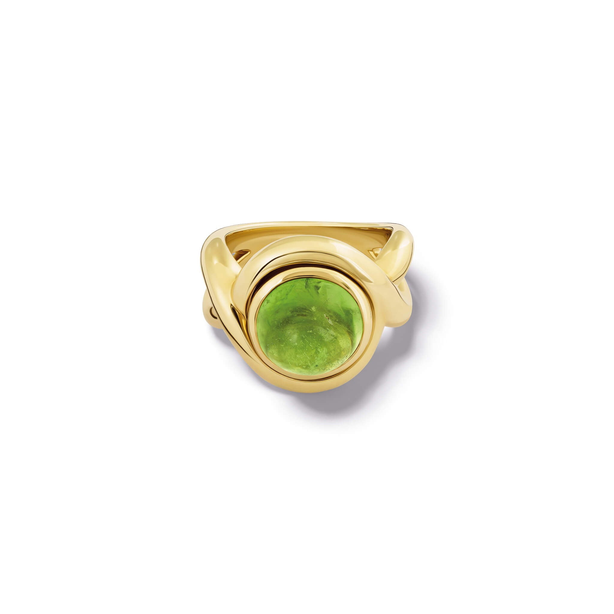 Handcrafted yellow gold ring featuring curved shanks with a cabochon peridot, birthstone of August.