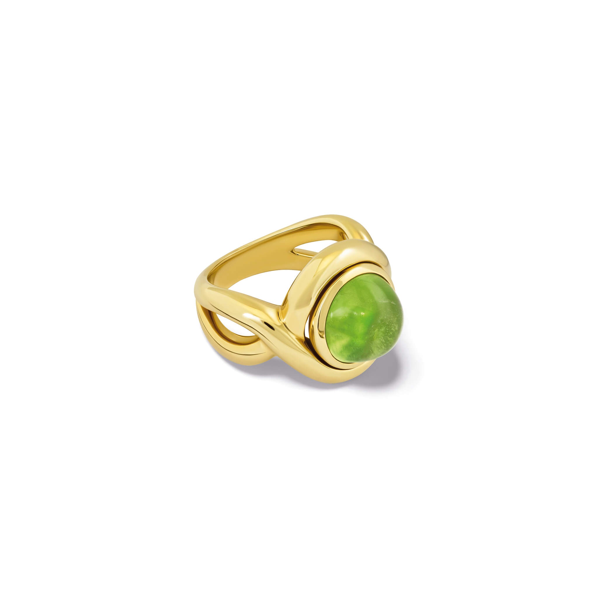 Handcrafted yellow gold ring featuring curved shanks with a cabochon peridot, birthstone of August.