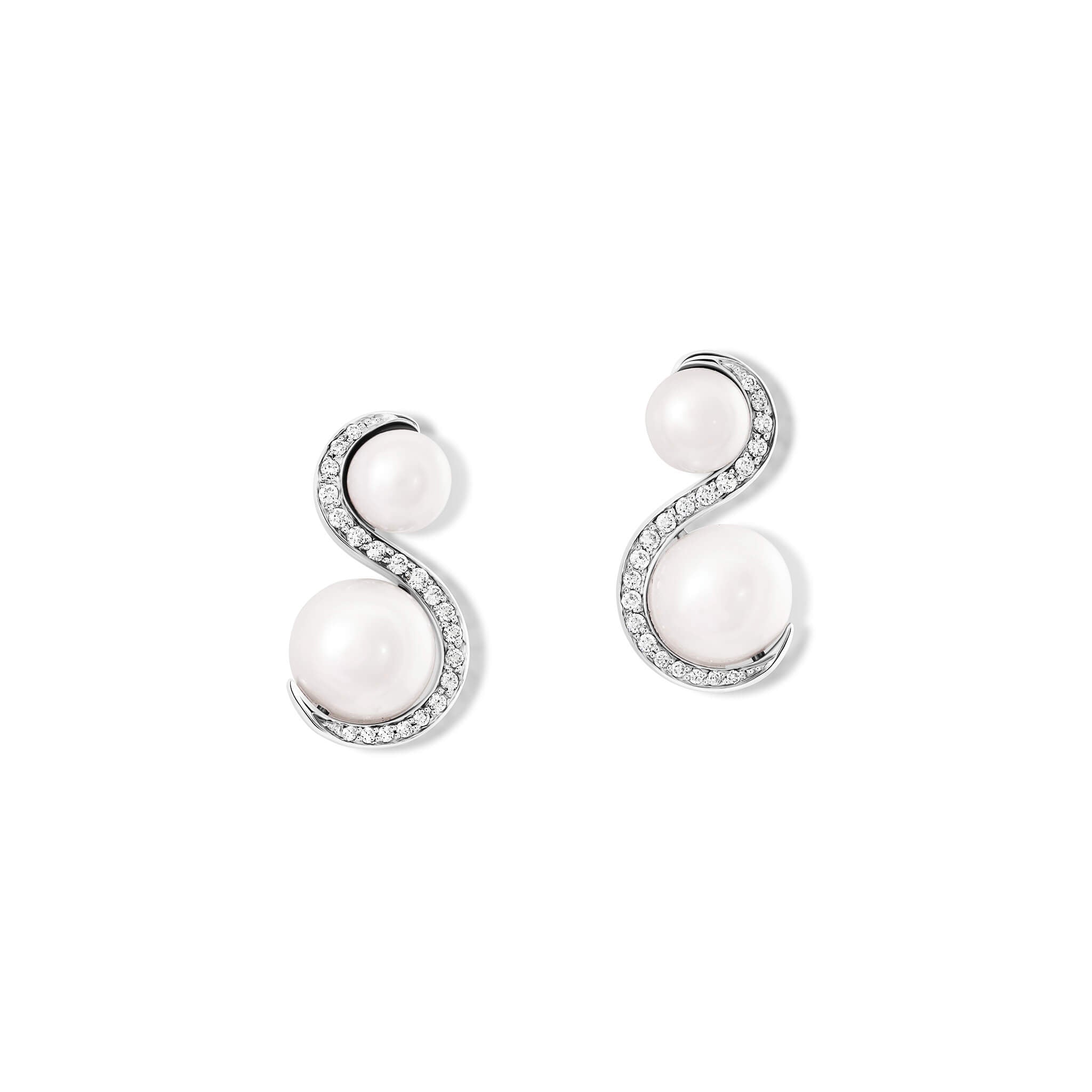 Handcrafted 18ct white gold earrings featuring an 's' shape linking the pearls with diamonds.