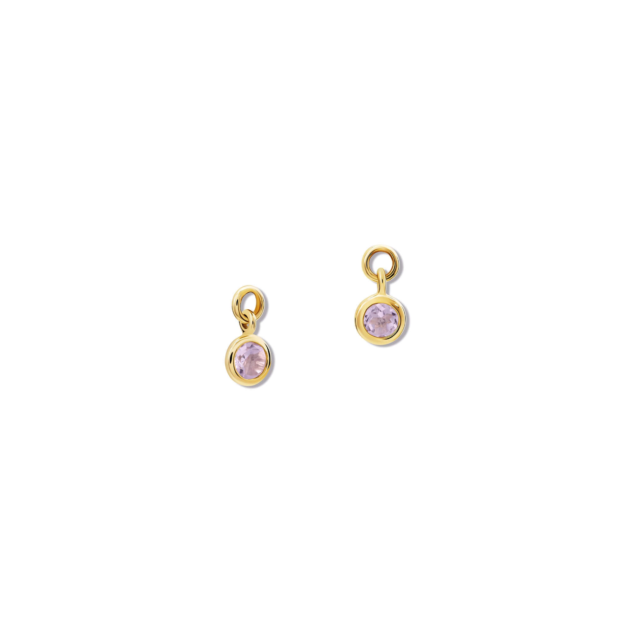 Handcrafted yellow gold earring drops with round pink amethyst, birthstone of February.