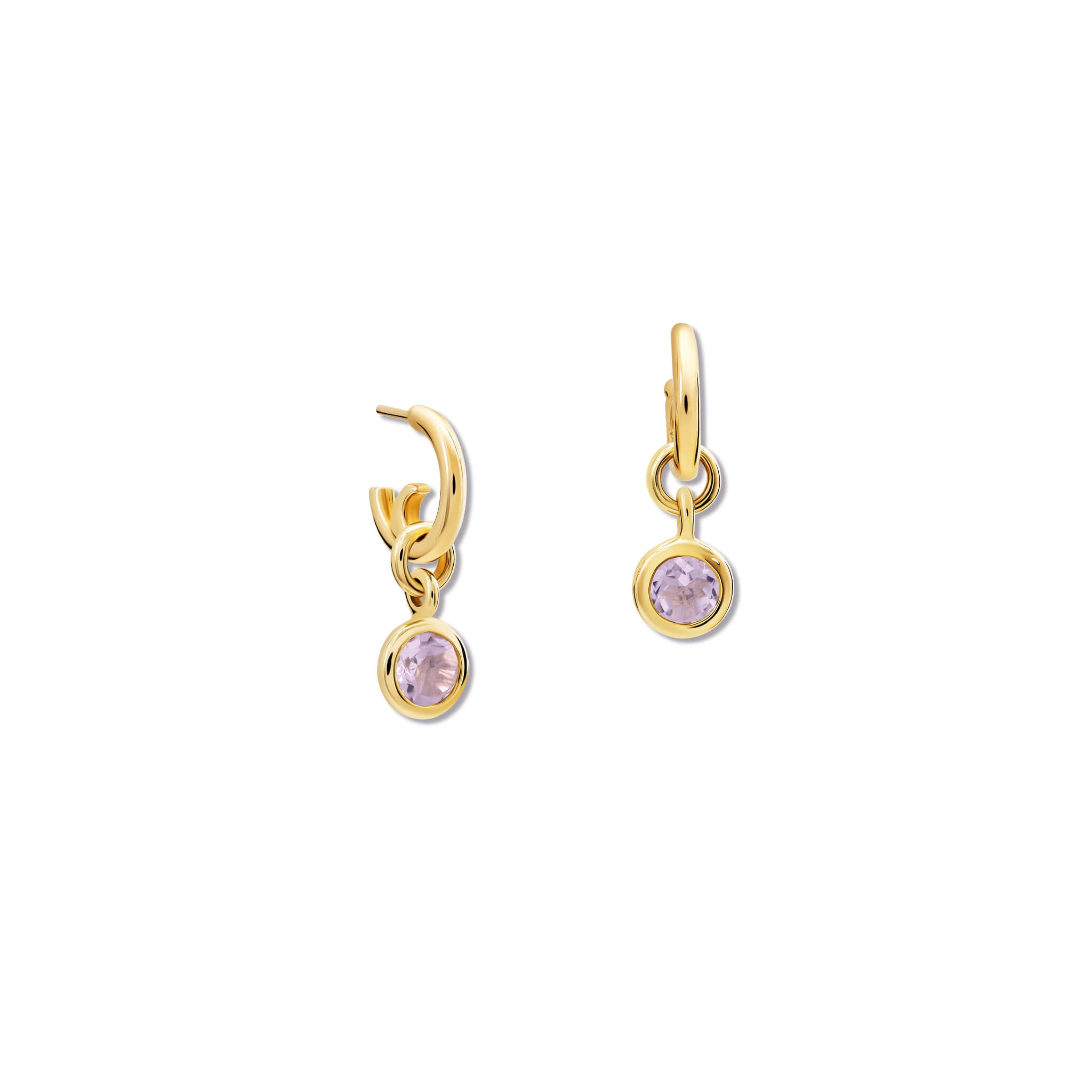 Handcrafted yellow gold earring drops with round pink amethyst, birthstone of February.