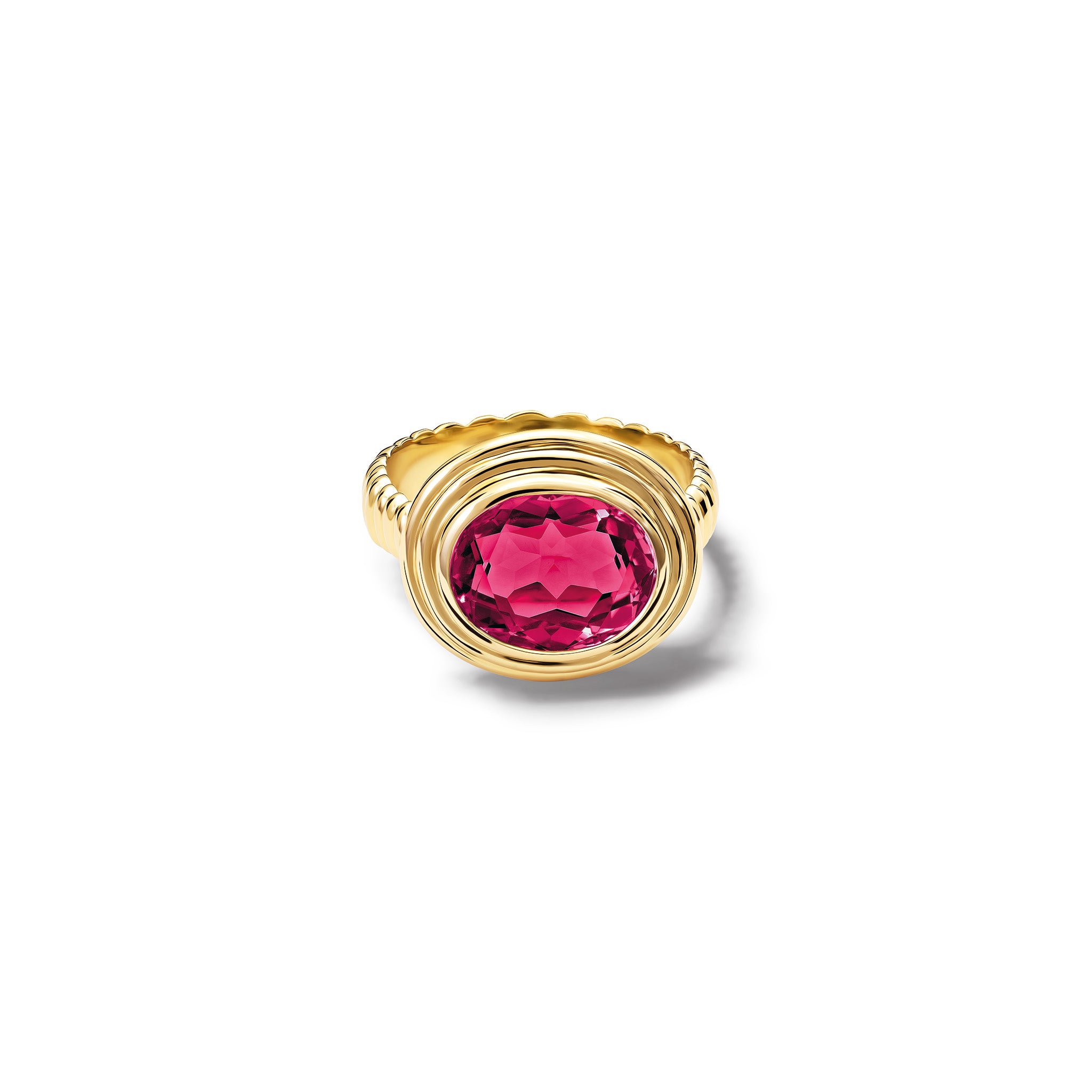 Handcrafted 18ct yellow gold ring featuring a prominent oval pink rhodolite garnet, january birthstone