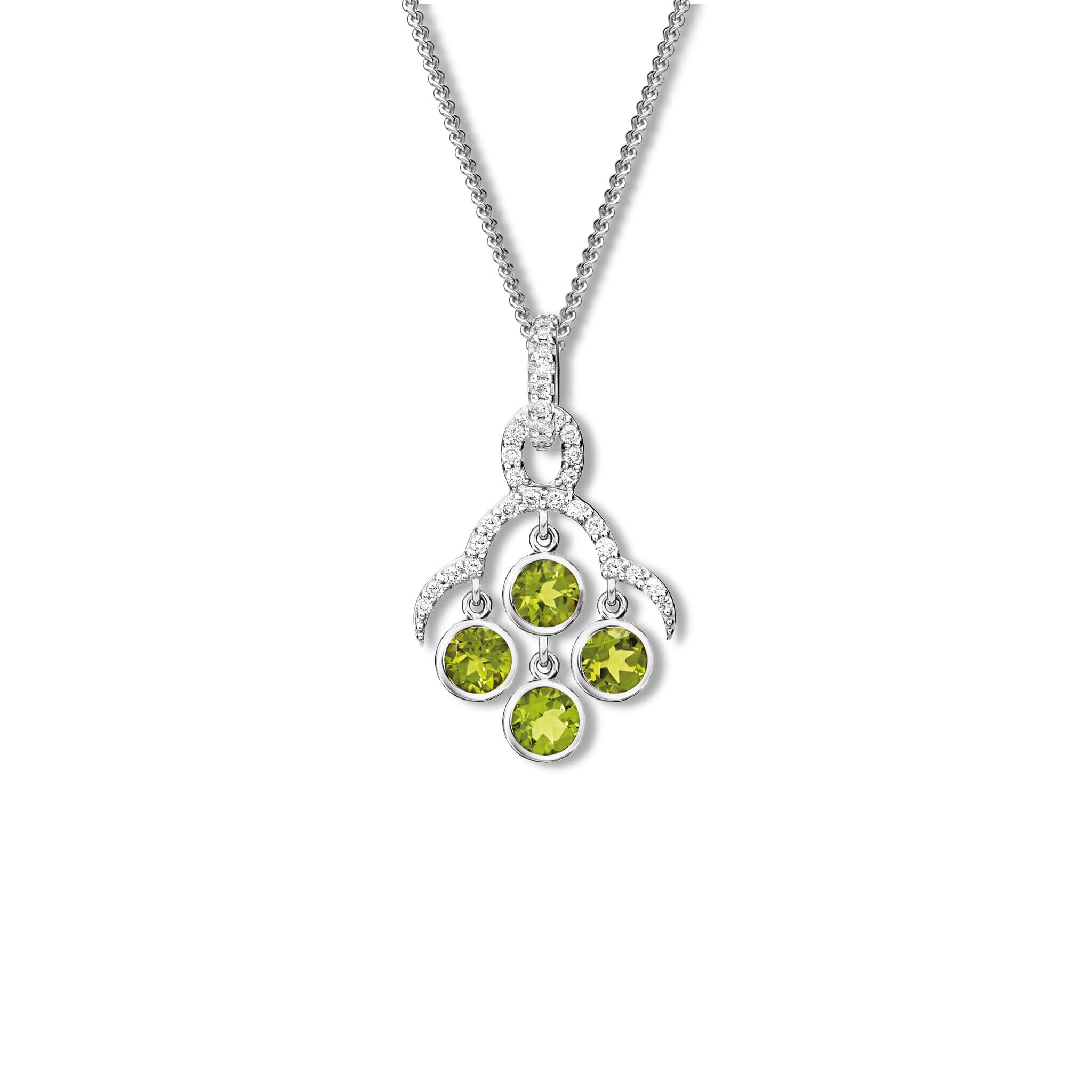 Handcrafted white gold necklace pendant inspired by acai berries featuring four peridot gemstones and diamonds, on a chain.