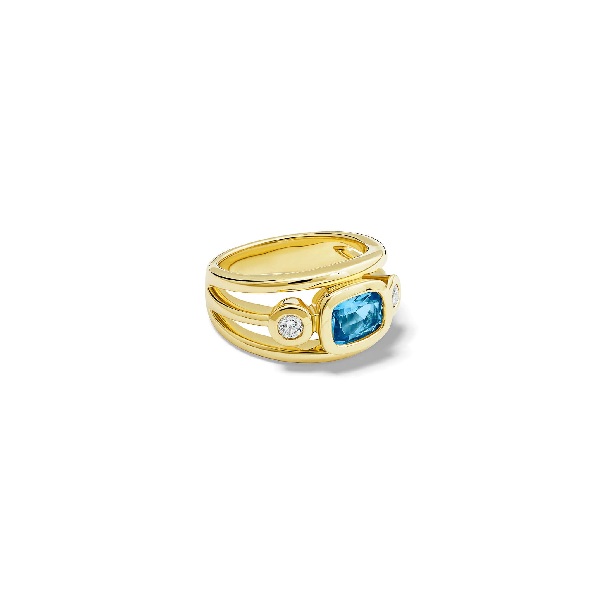 Handcrafted 18ct yellow gold ring with a central cushion cut aquamarine, the birthstone of March, flanked by two round diamonds.