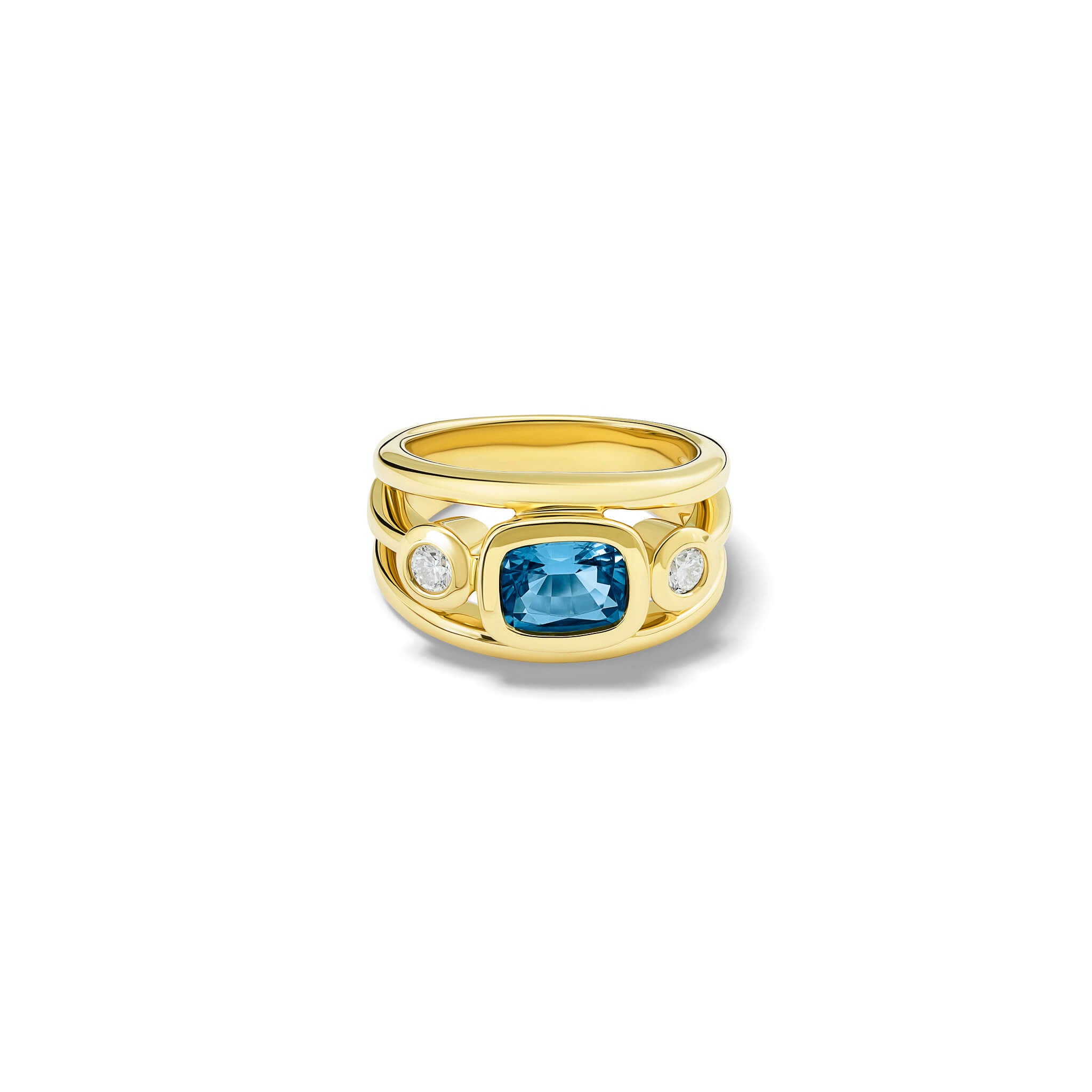 Handcrafted 18ct yellow gold ring with a central cushion cut aquamarine, the birthstone of March, flanked by two round diamonds.