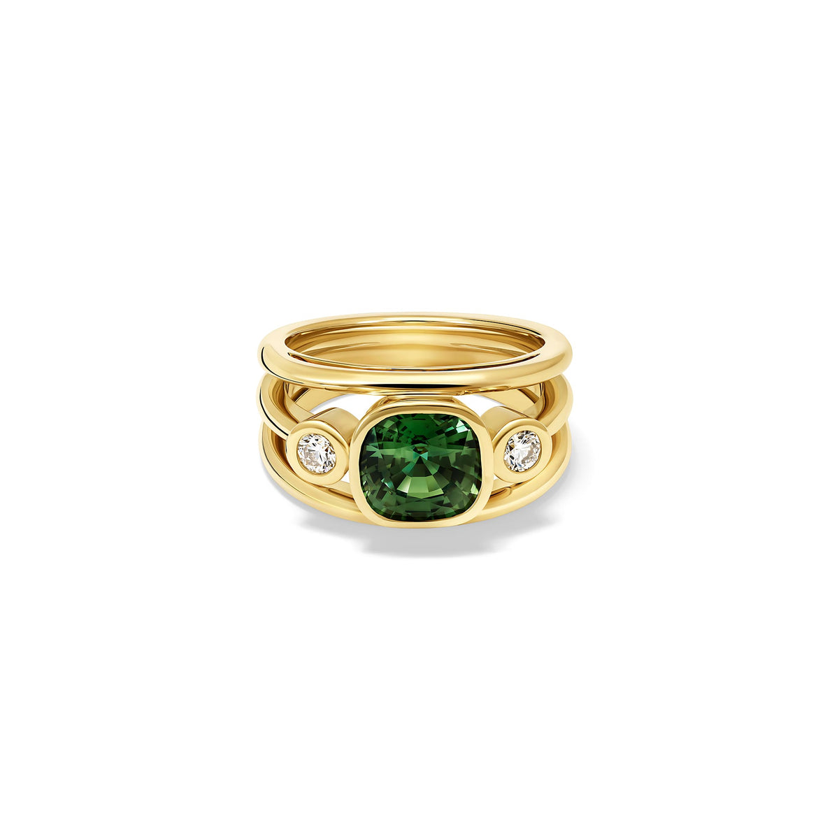 Handcrafted 18ct yellow gold Aeneus ring with facetted cushion cut green sapphire and brilliant round cut diamond. September birthstone.