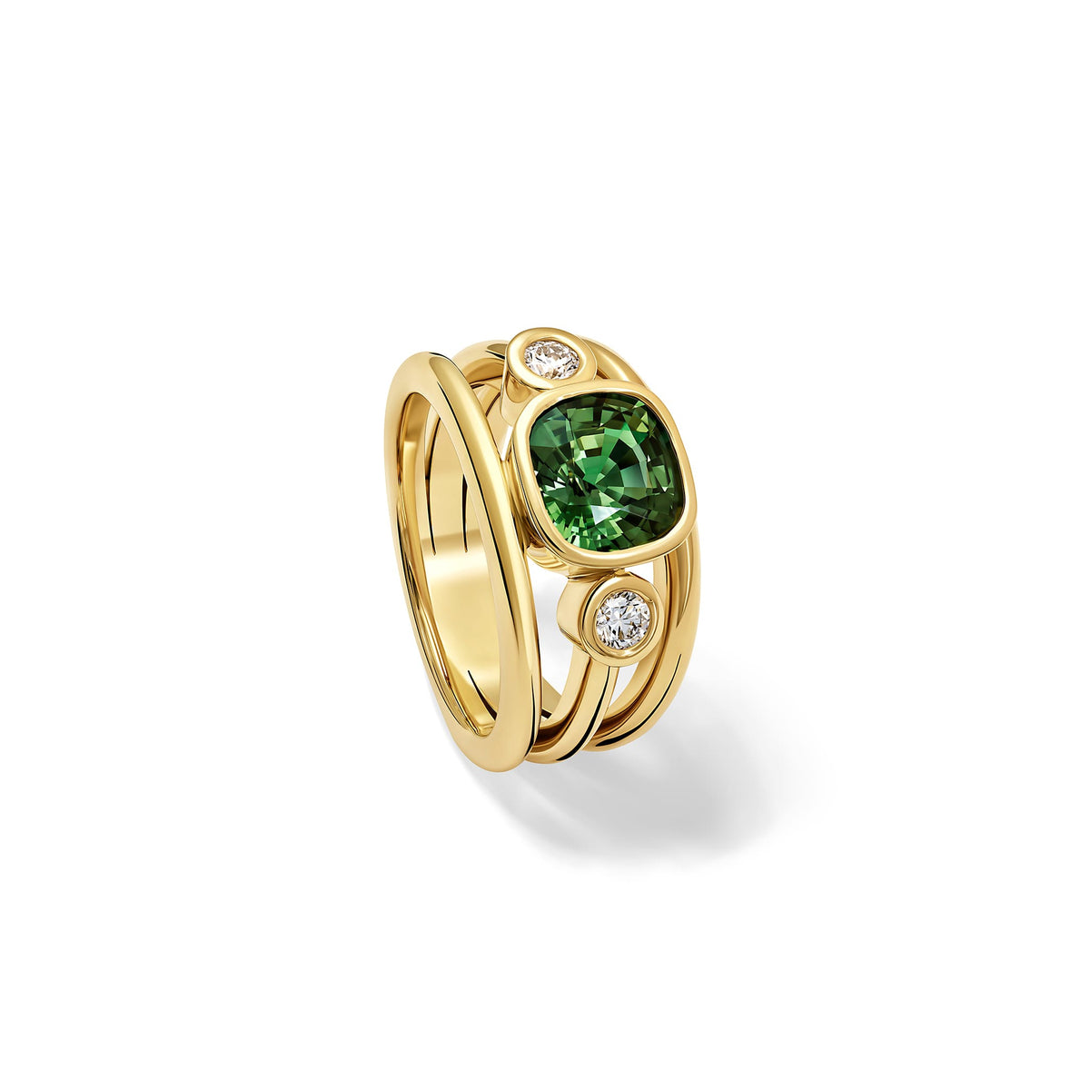 Handcrafted 18ct yellow gold Aeneus ring with facetted cushion cut green sapphire and brilliant round cut diamond. September birthstone.