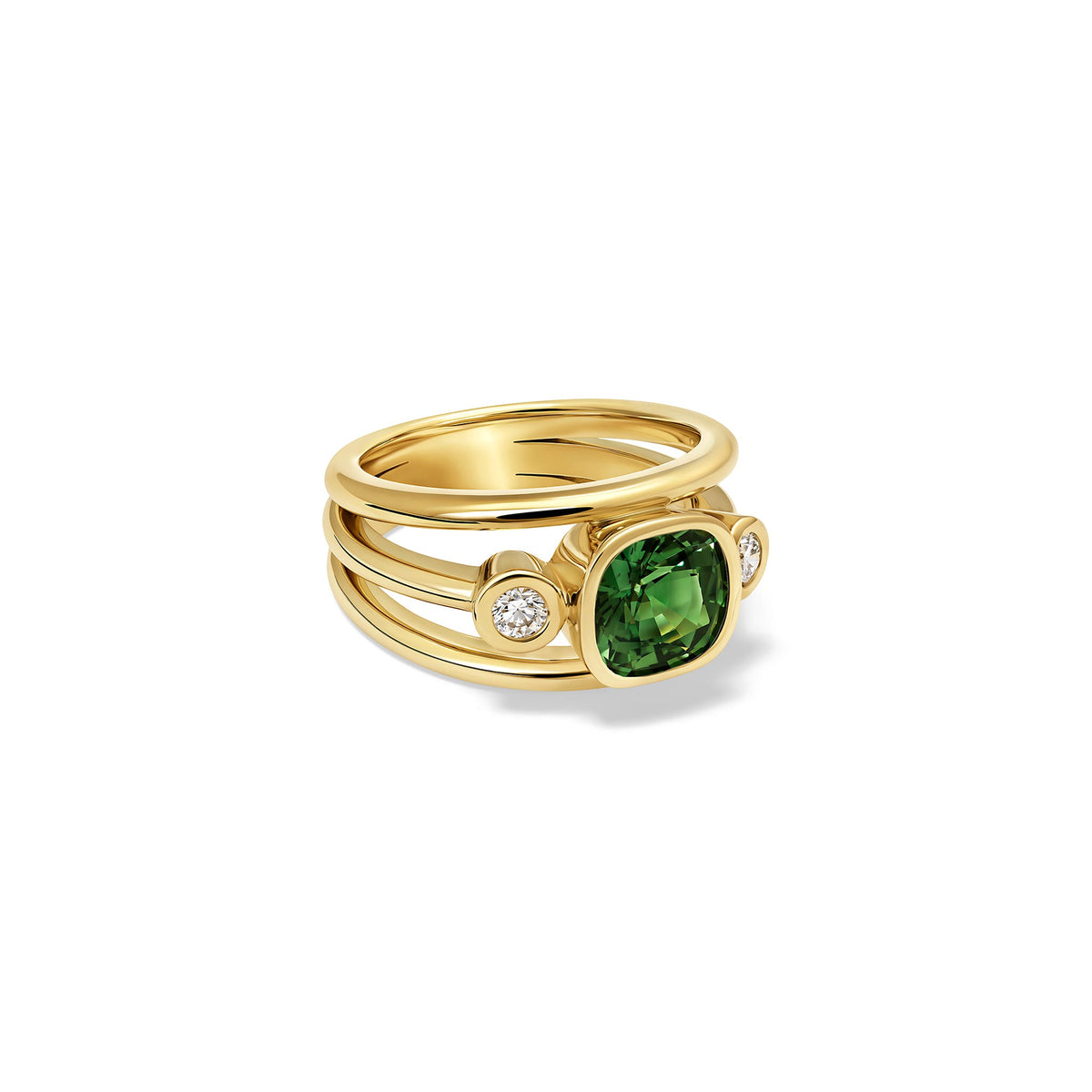 Handcrafted 18ct yellow gold Aeneus ring with facetted cushion cut green sapphire and brilliant round cut diamond. September birthstone.