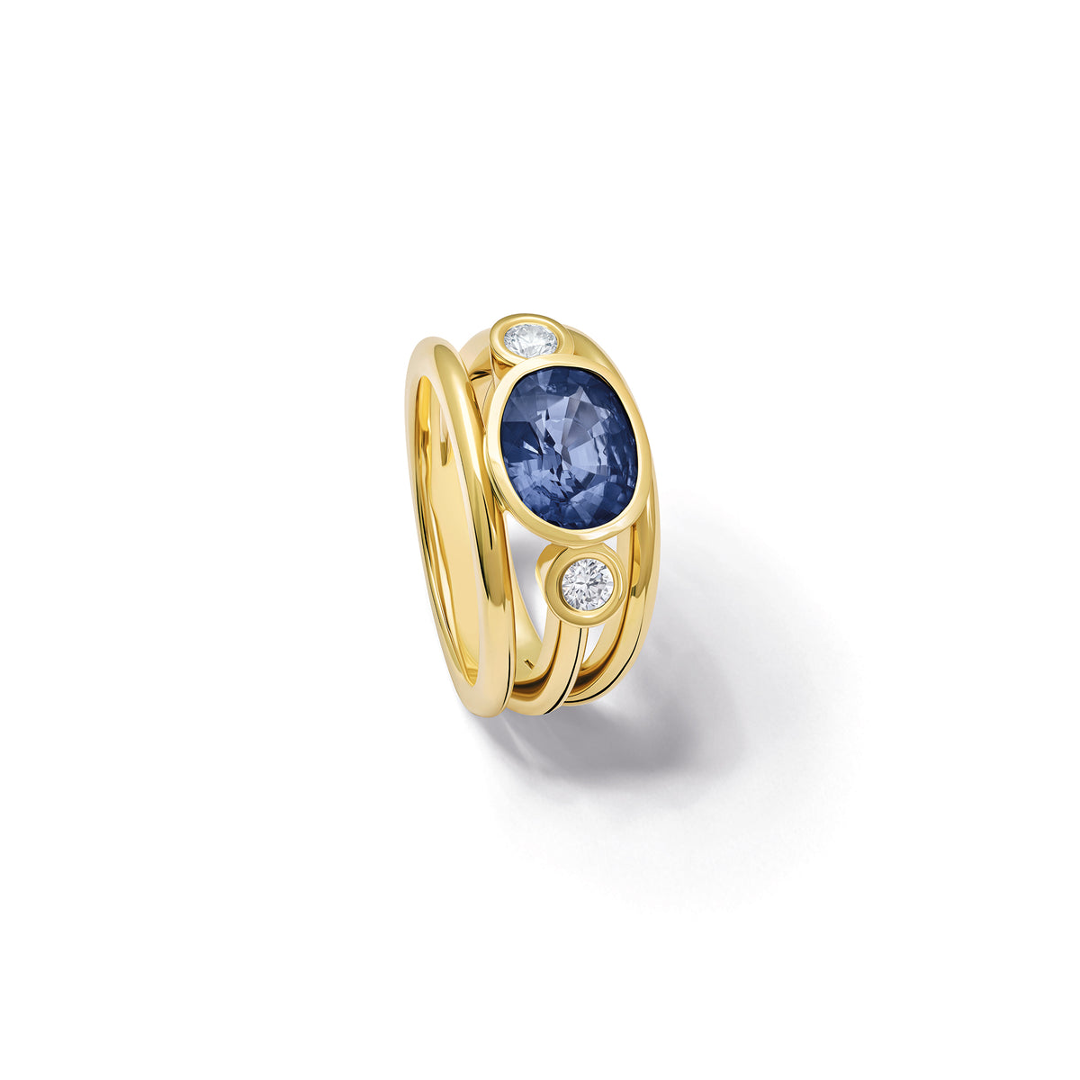 Aeneus ring in 18ct yellow gold with oval cut blue spinel and diamonds by Cassandra Goad, inspired by Aeneas of Troy