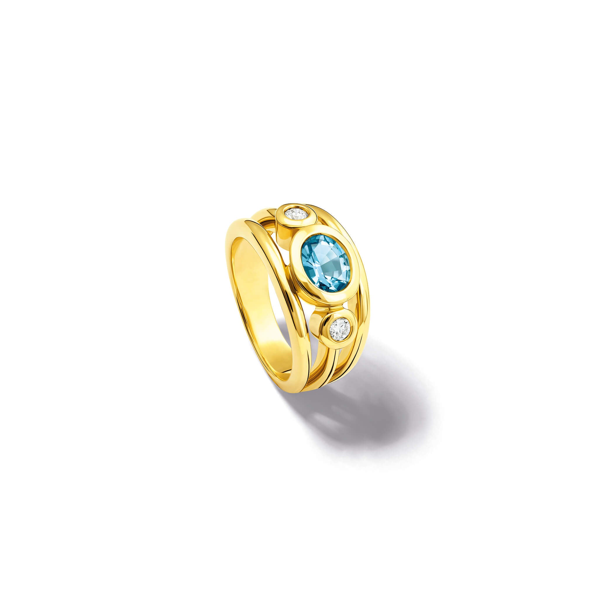 Handcrafted aeneus ring in 18ct yellow gold with oval aquamarine and diamond by Cassandra Goad, inspired by Aeneas of Troy, march birthstone