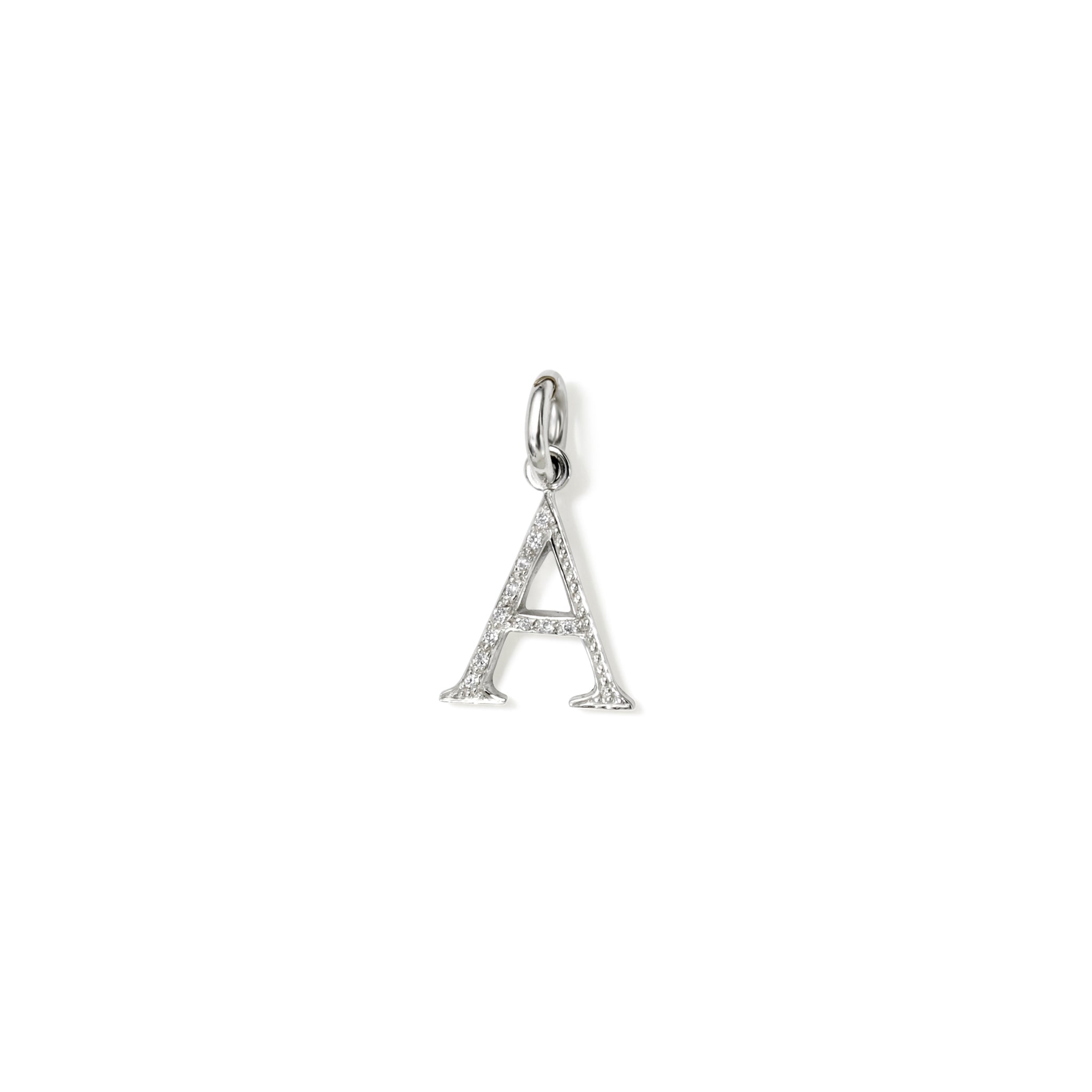 Handcrafted 18ct white gold initial A necklace pendant set with diamond pave, with a loop at the top for chain attachment.