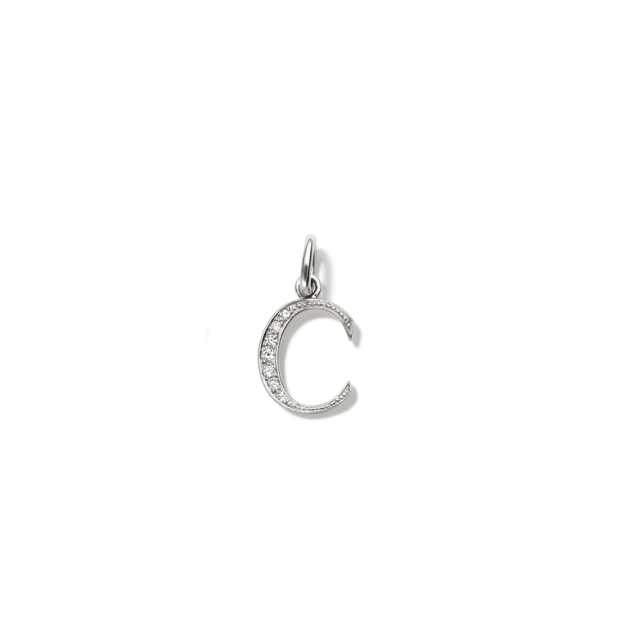 Handcrafted 18ct white gold initial C necklace pendant set with diamond pave, with a loop at the top for chain attachment.