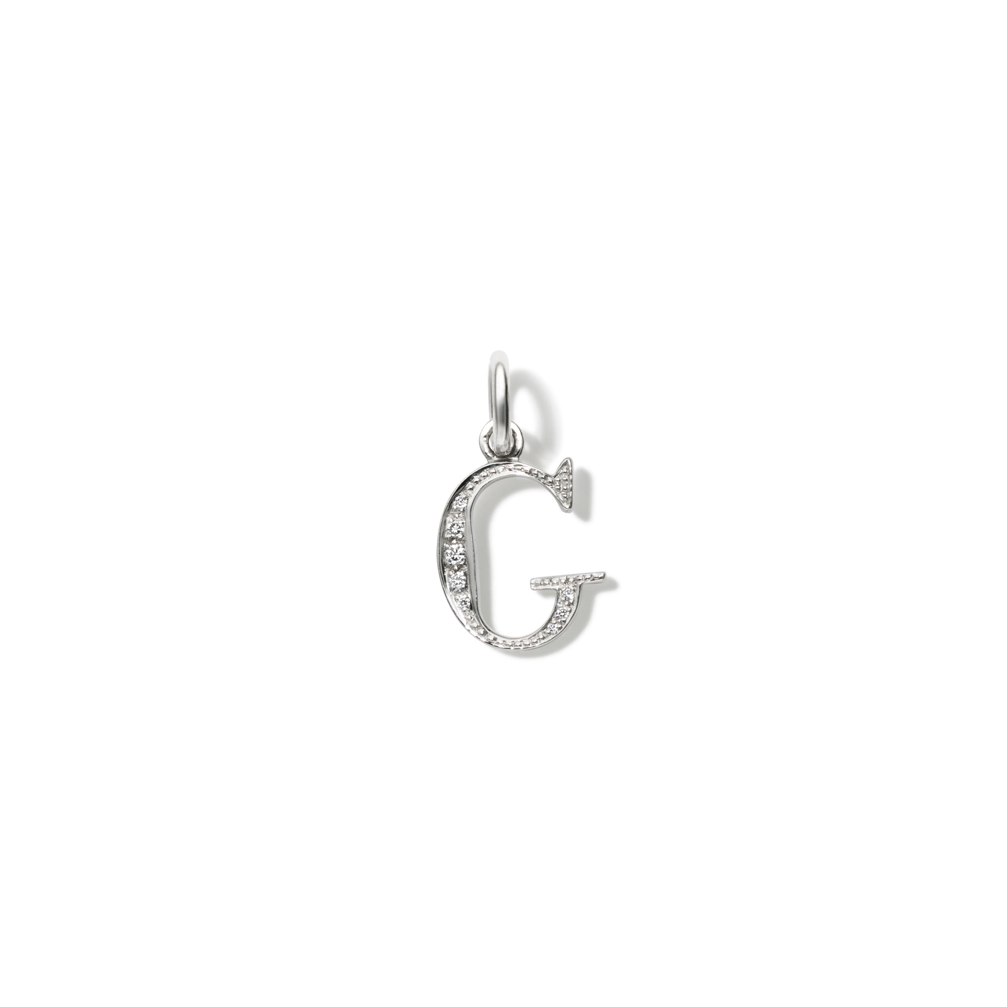 Handcrafted 18ct white gold initial G necklace pendant set with diamond pave, with a loop at the top for chain attachment.