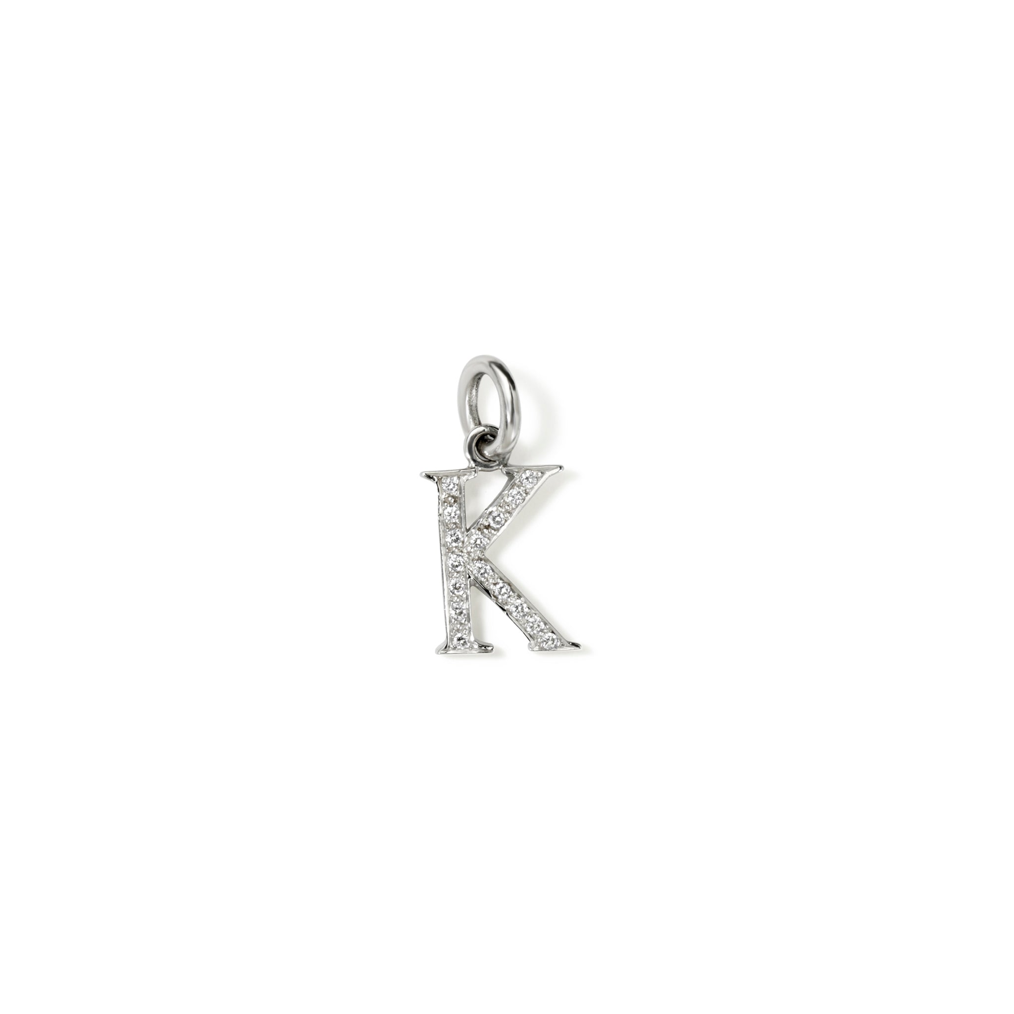 Handcrafted 18ct white gold initial K necklace pendant set with diamond pave, with a loop at the top for chain attachment.