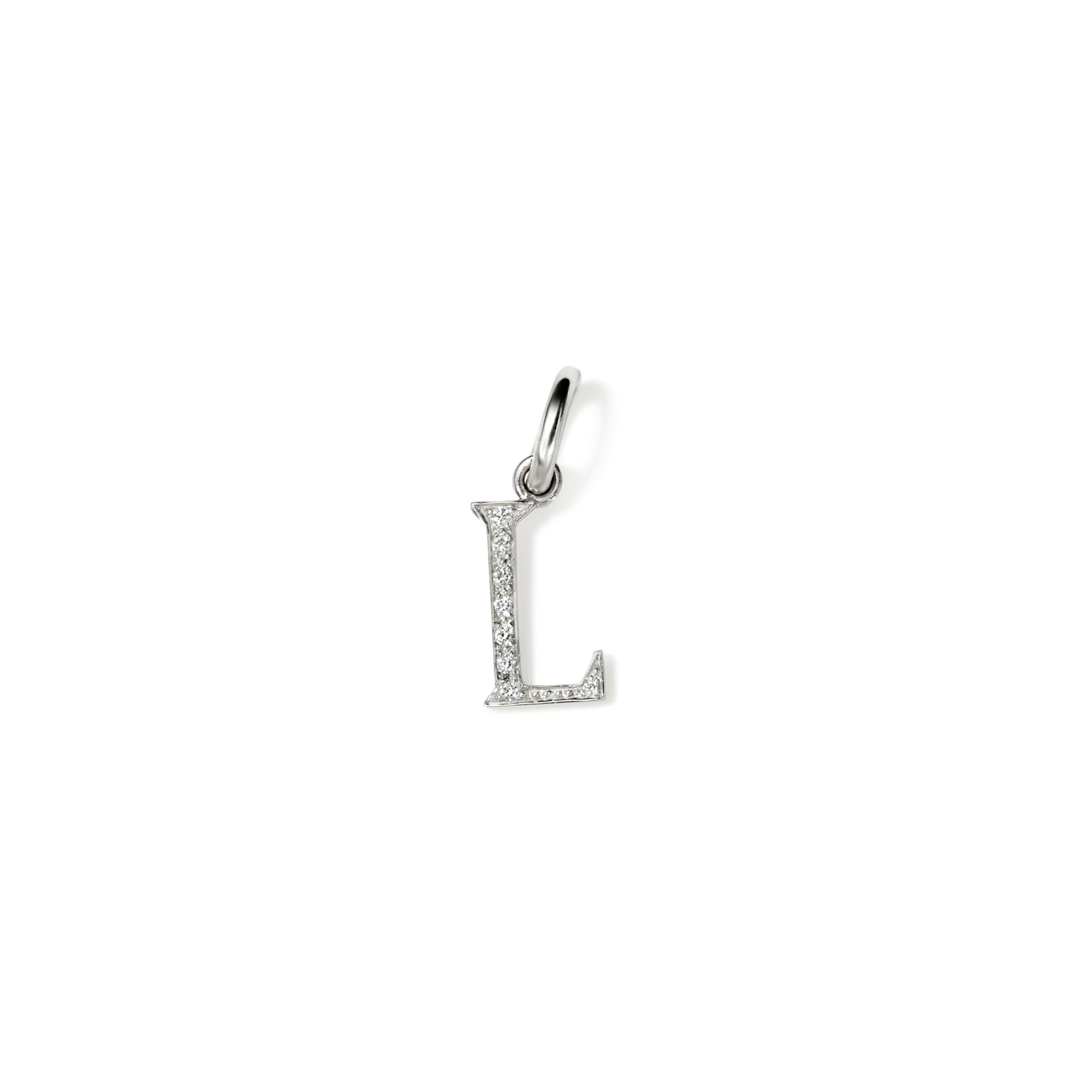Handcrafted 18ct white gold initial L necklace pendant set with diamond pave, with a loop at the top for chain attachment.
