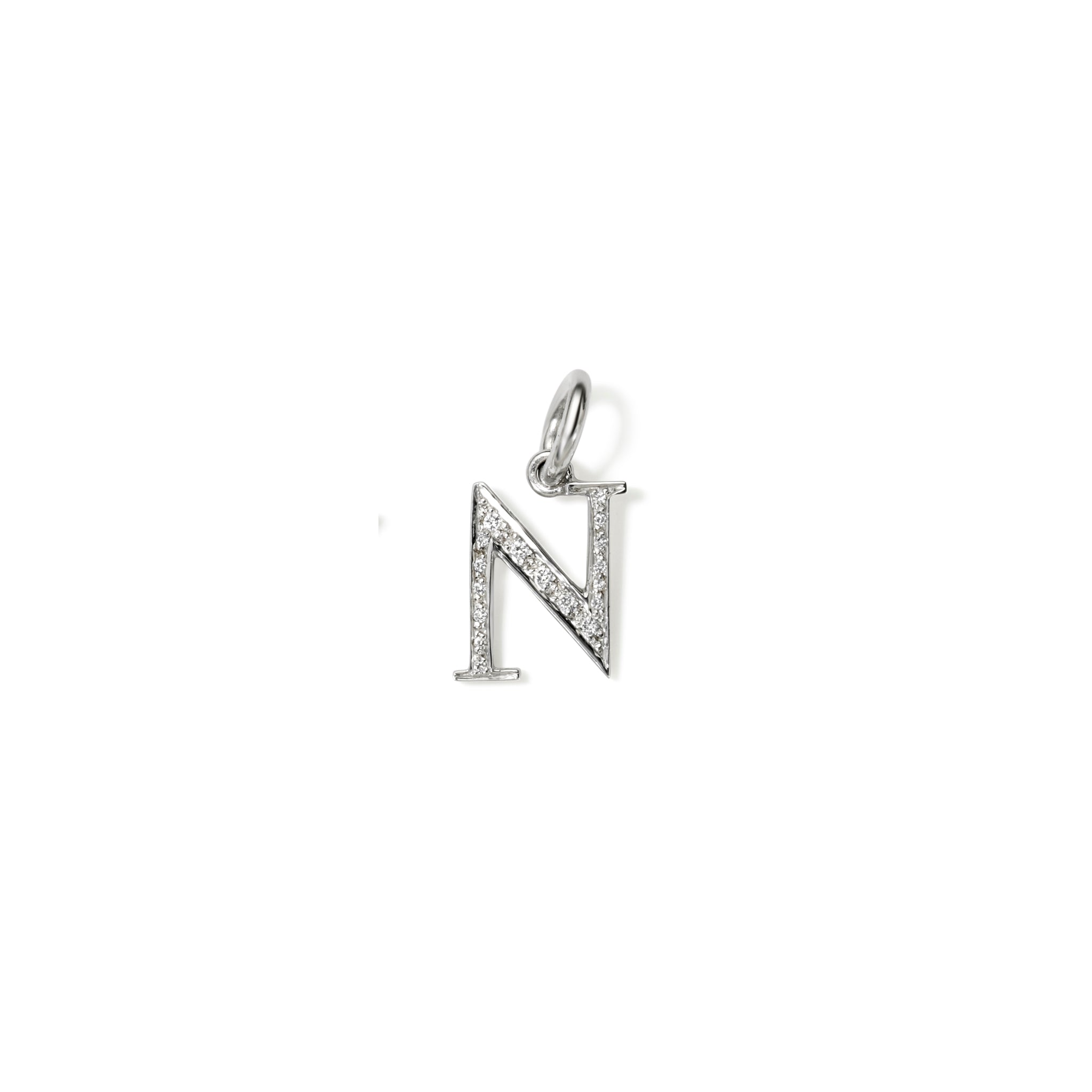 Handcrafted 18ct white gold initial N necklace pendant set with diamond pave, with a loop at the top for chain attachment.
