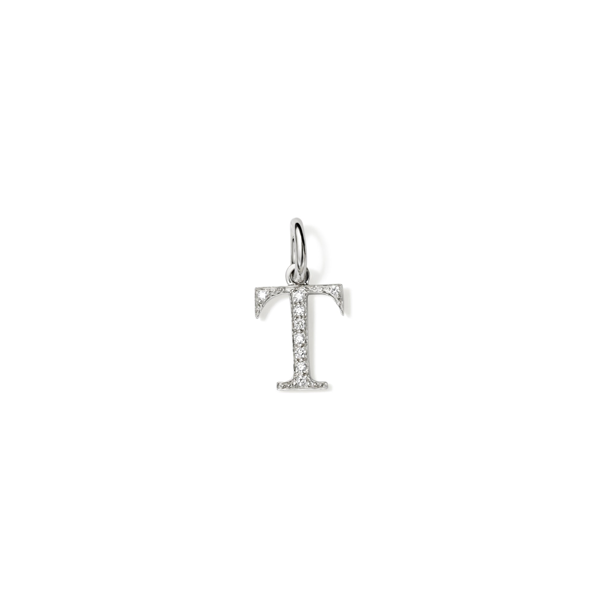 Handcrafted 18ct white gold initial T necklace pendant set with diamond pave, with a loop at the top for chain attachment.
