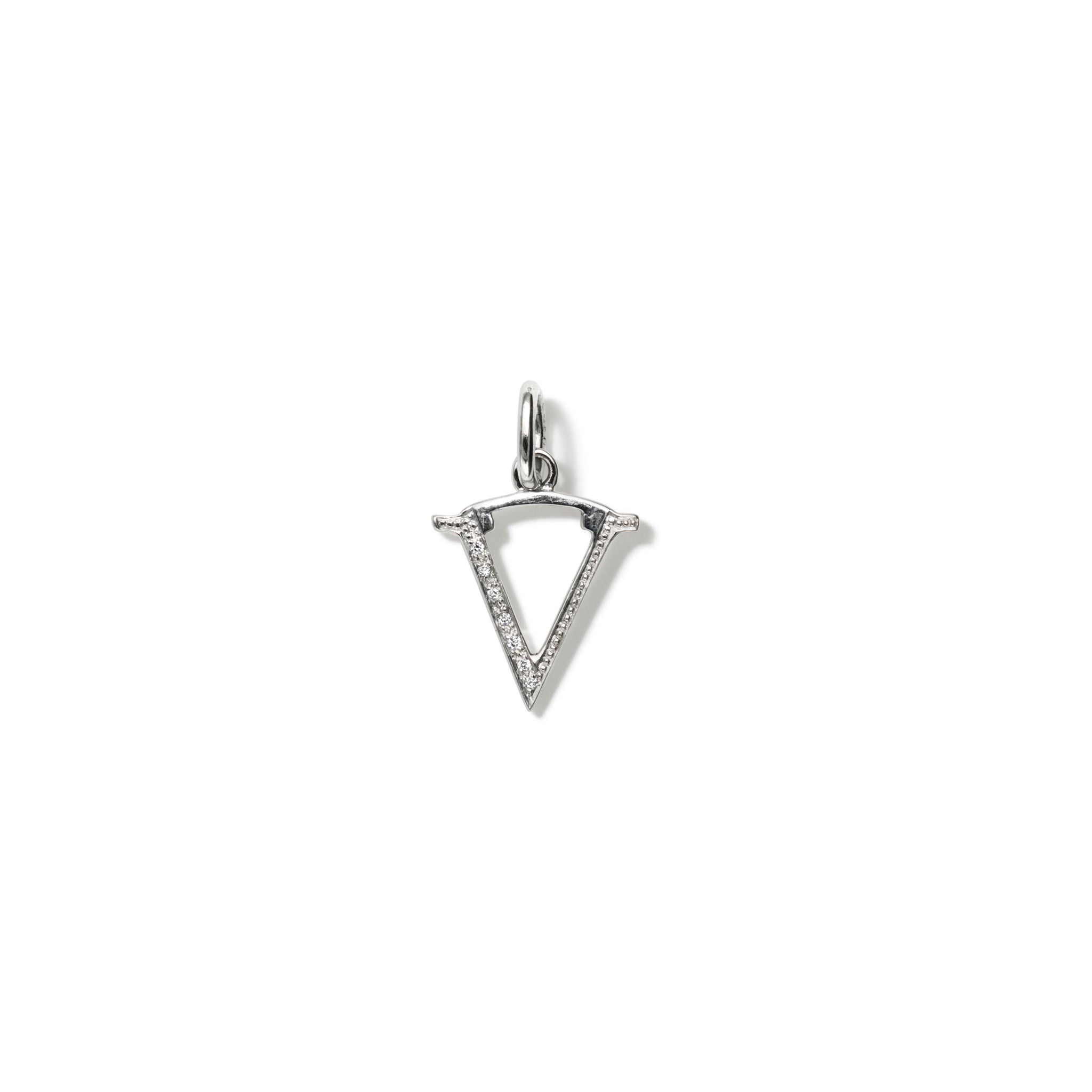 Handcrafted 18ct white gold initial V necklace pendant set with diamond pave, with a loop at the top for chain attachment.