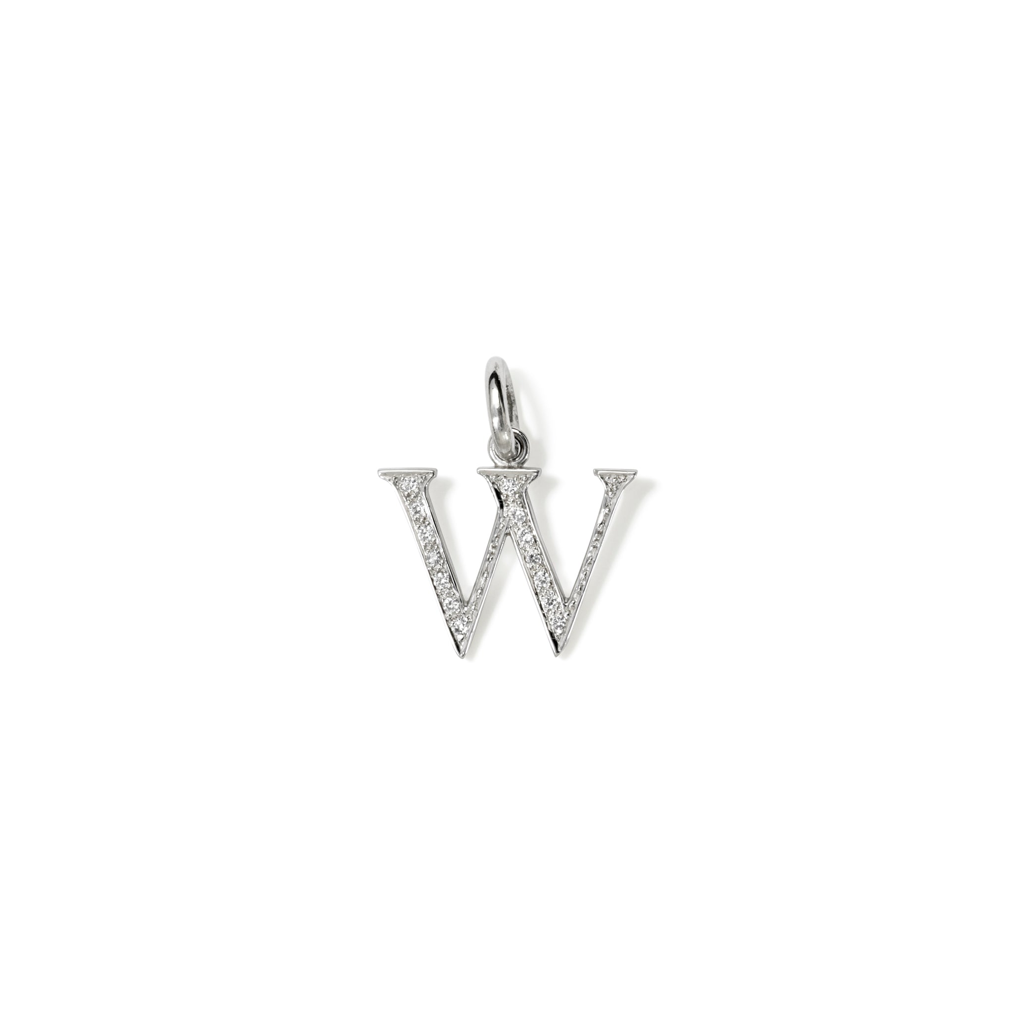 Handcrafted 18ct white gold initial W necklace pendant set with diamond pave, with a loop at the top for chain attachment.