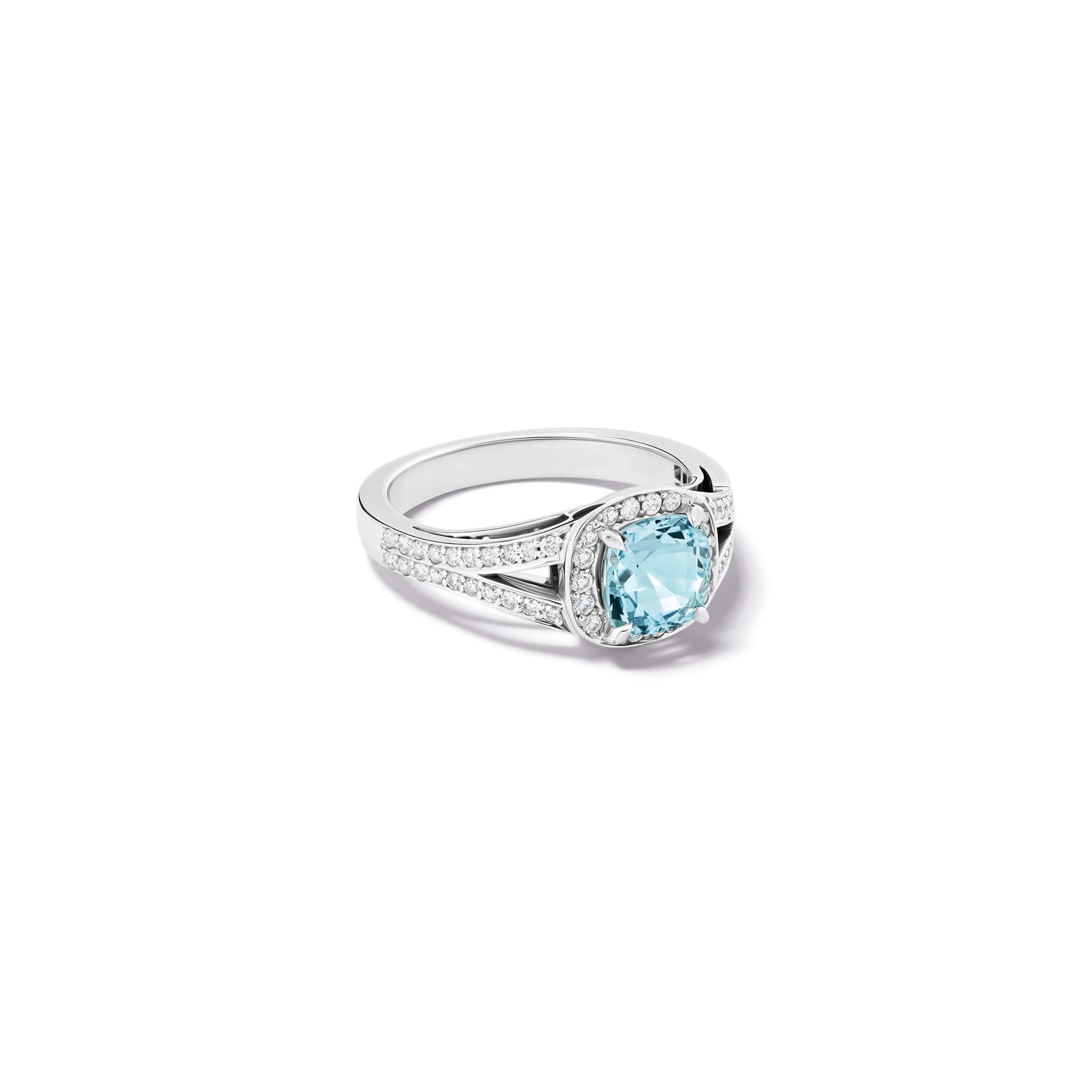 Handcrafted white gold Iola engagement ring with cushion cut aquamarine and diamond pave split shank.
