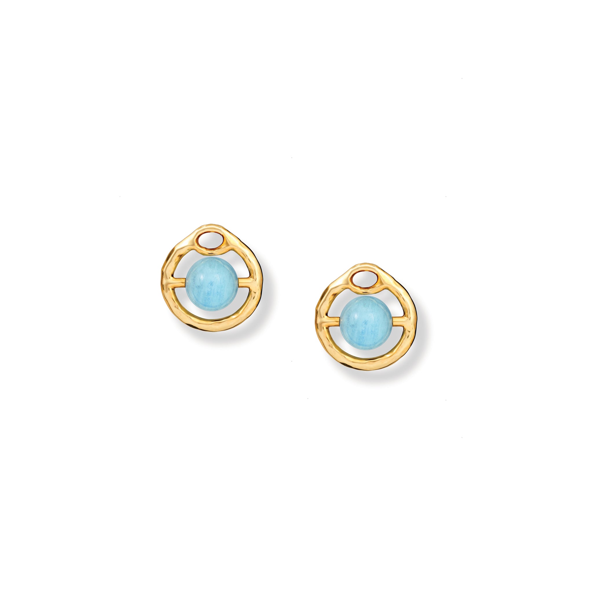 Handcrafted yellow gold earring drops featuring a round aquamarine gemstones, birthstone of March, held within a gold circle.