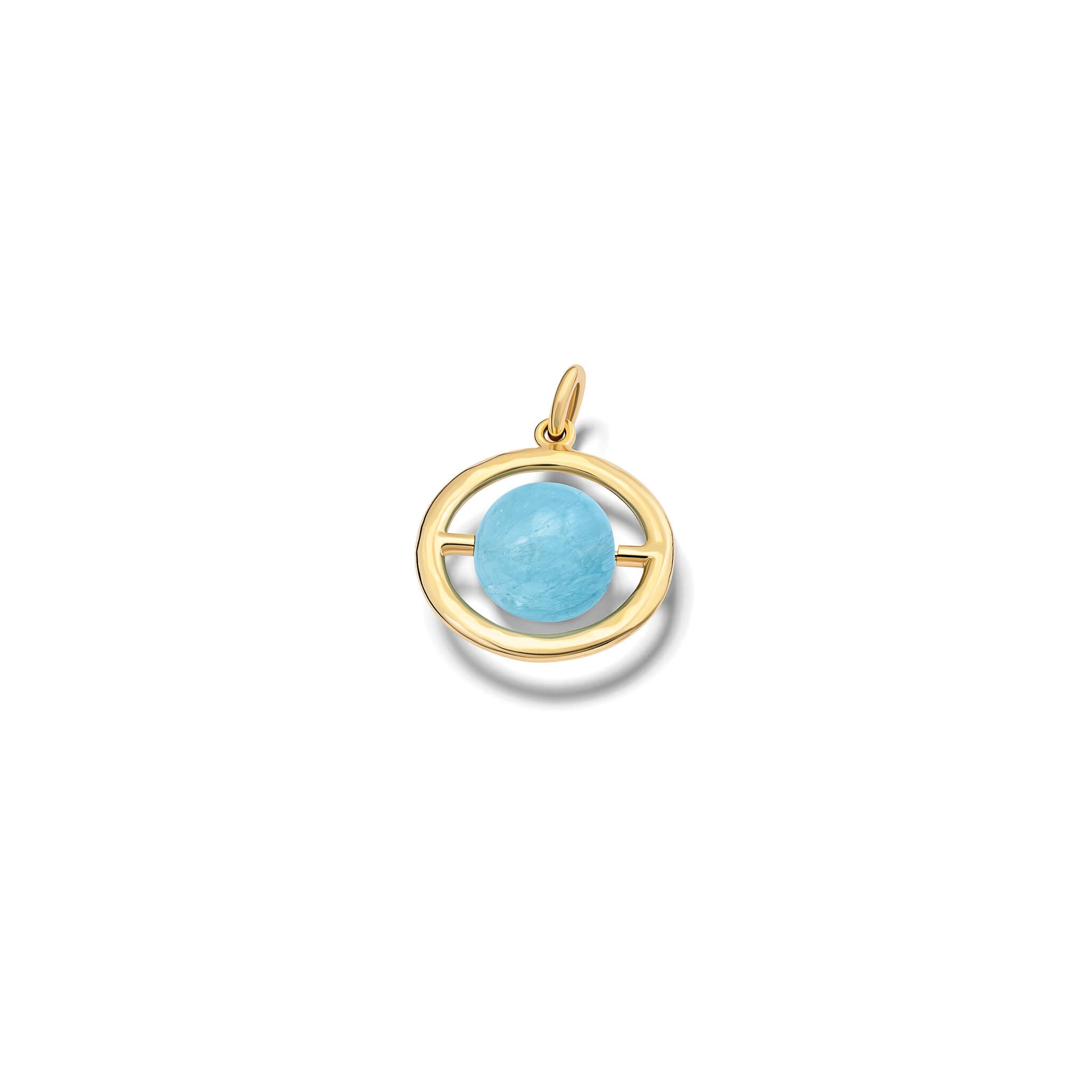 Handcrafted necklace pendant in yellow gold featuring a circular frame that encircles aquamarine, march birthstone