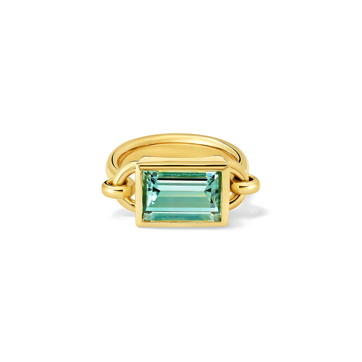 Handcrafted 18ct yellow gold baguette ring with mint tourmaline, october birthstone 