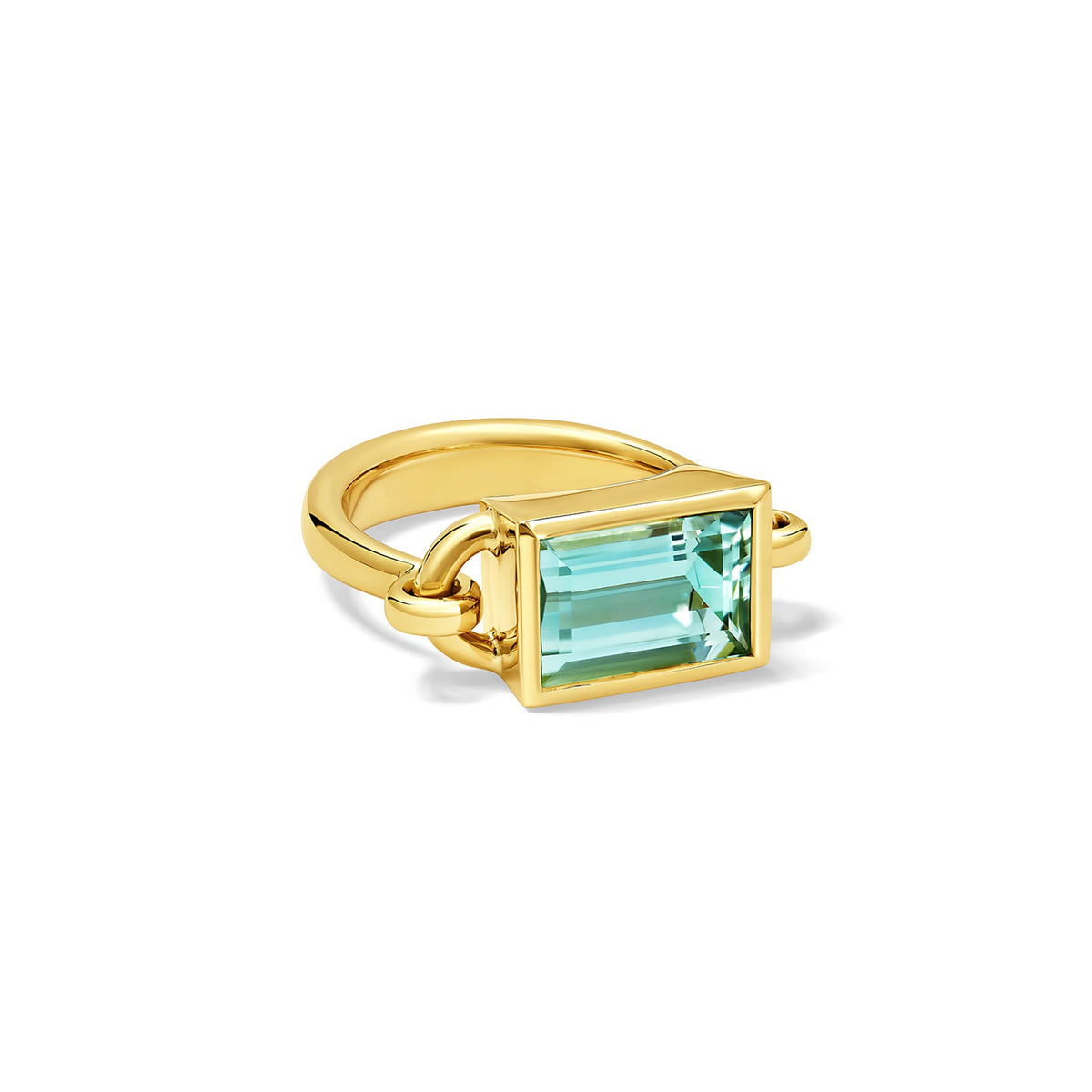 Handcrafted 18ct yellow gold baguette ring with mint tourmaline, october birthstone 
