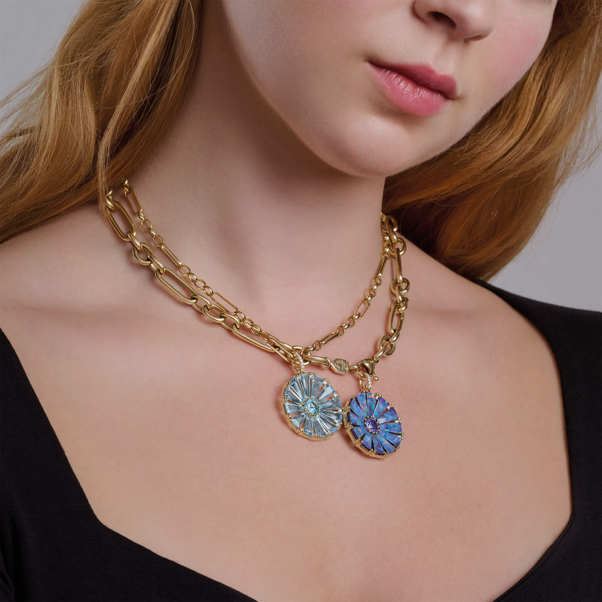 Hand-crafted in London, Cassandra Goad thick heavy gold necklace chains with Roi Soleil pendant, featuring baguette-cut gemstone and diamond detailing inspired by a firework, created for statement everyday wear, layering and timeless elegance.