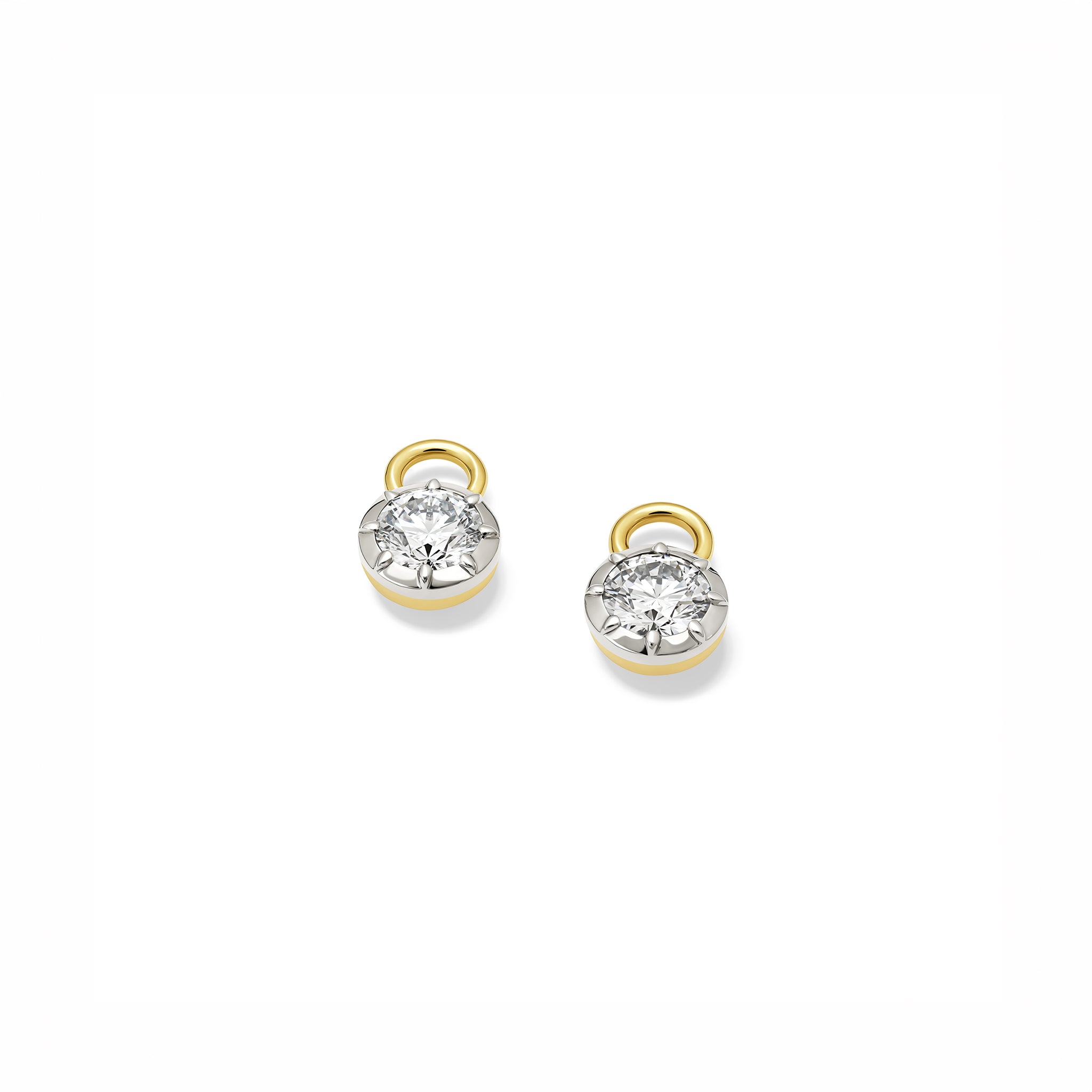 Handcrafted Charlotte earring drops in 18ct yellow and white gold with a certified round brilliant diamond, set in a Georgian-inspired setting