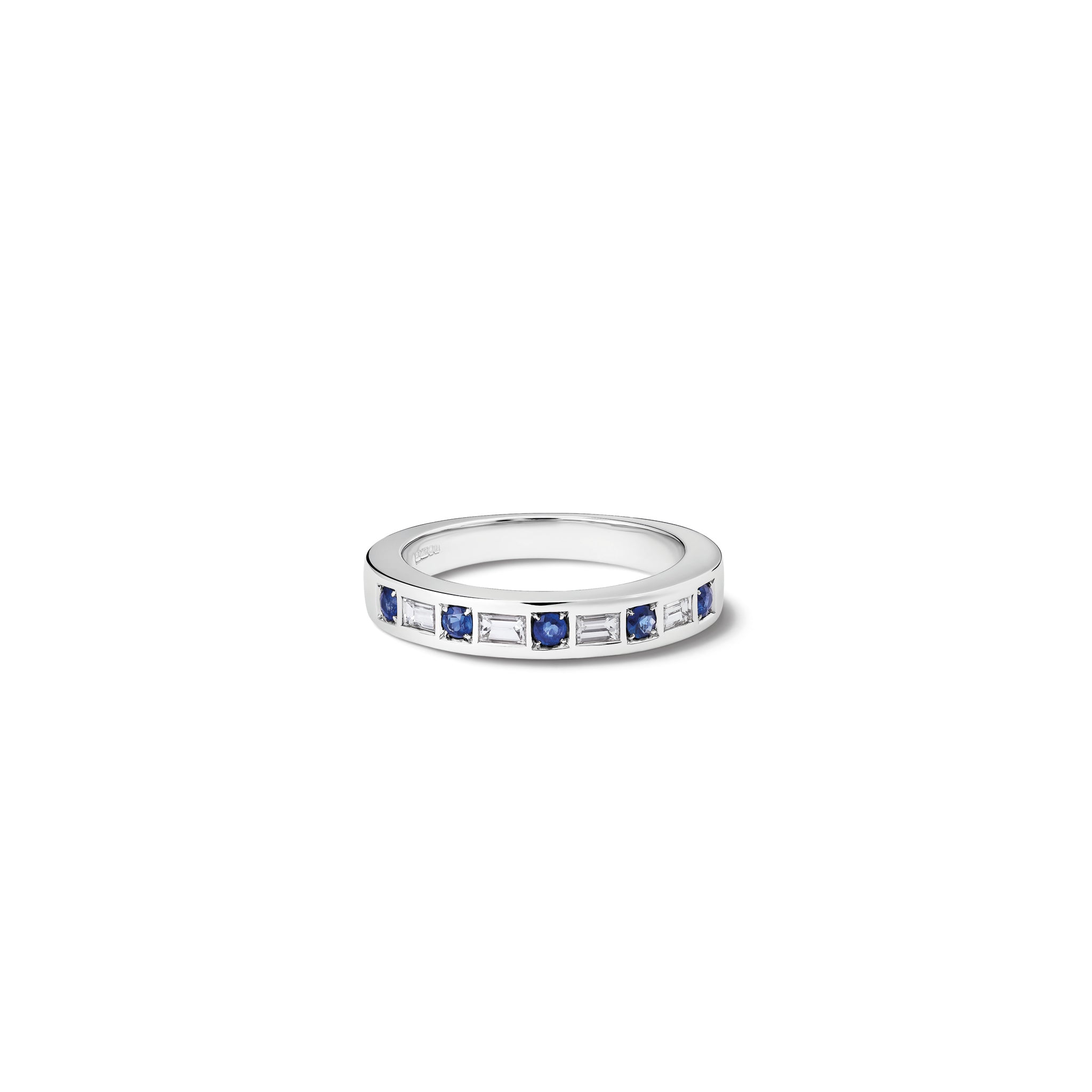 Handcrafted 18ct white gold wedding band or eternity ring set with round and rectangular sapphire and diamond halfway round the band, september birthstone