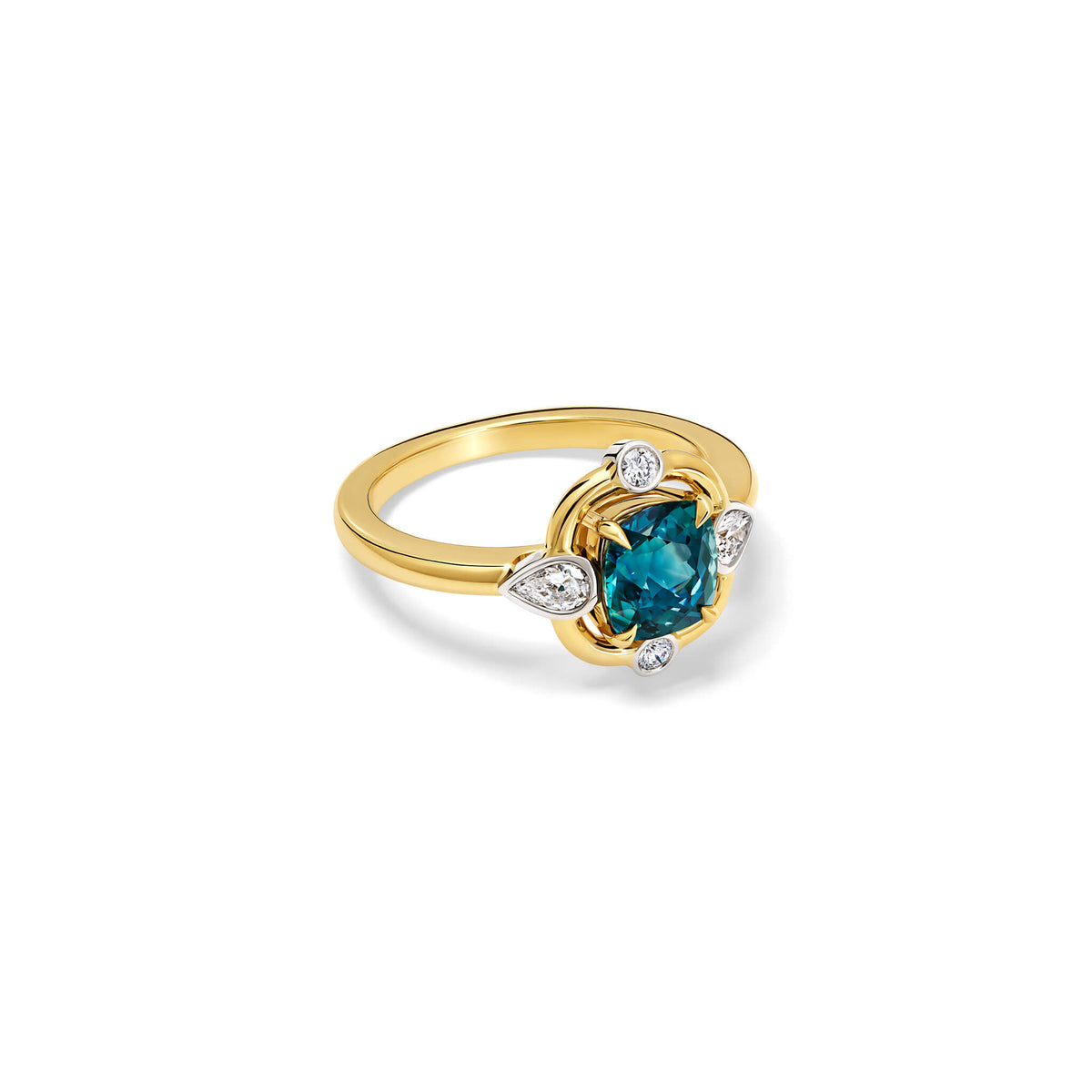 Handcrafted 18ct yellow gold ring featuring a teal sapphire at its centre, surrounded by four smaller diamonds, two teardrop-shaped, september birthstone