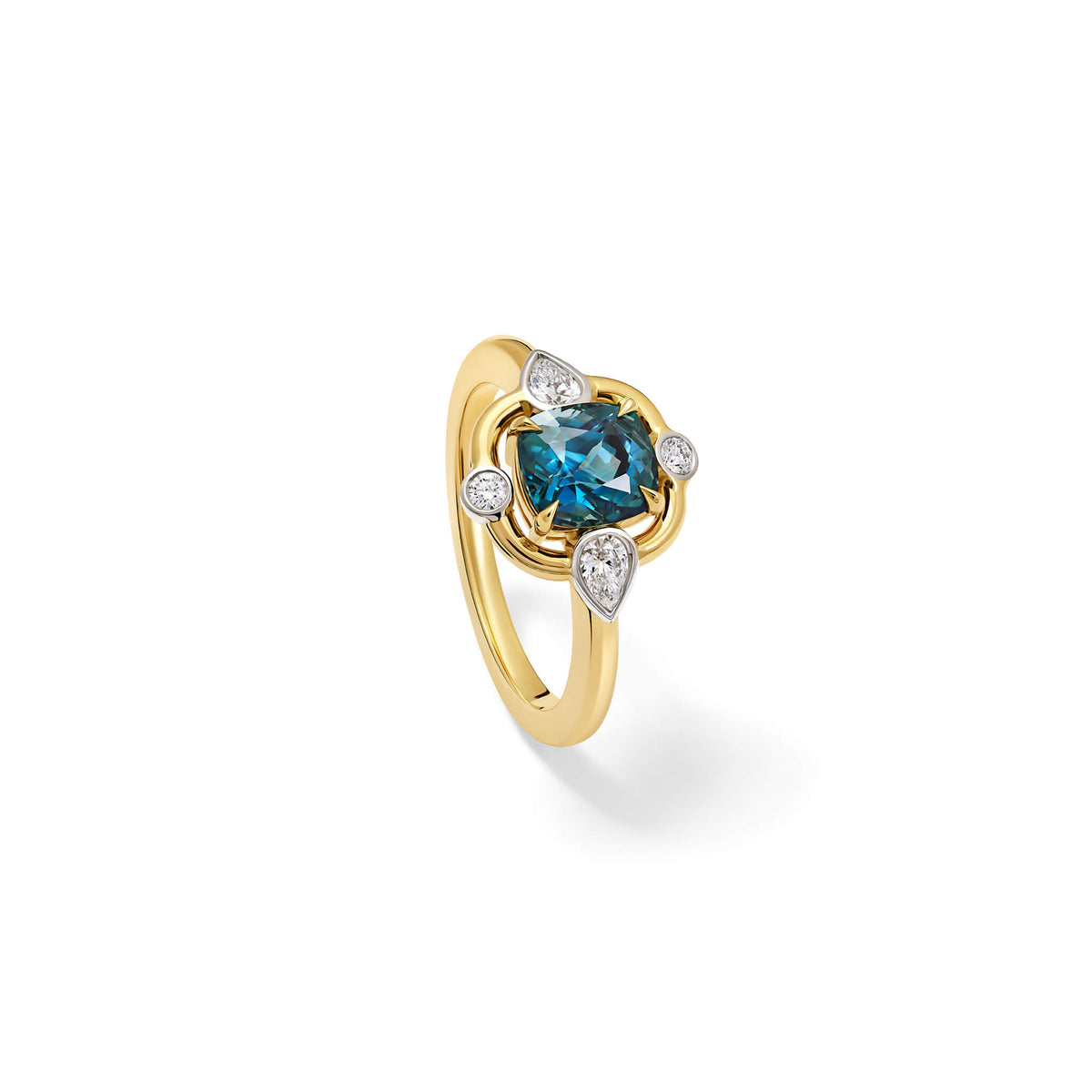 Handcrafted 18ct yellow gold ring featuring a teal sapphire at its centre, surrounded by four smaller diamonds, two teardrop-shaped, september birthstone